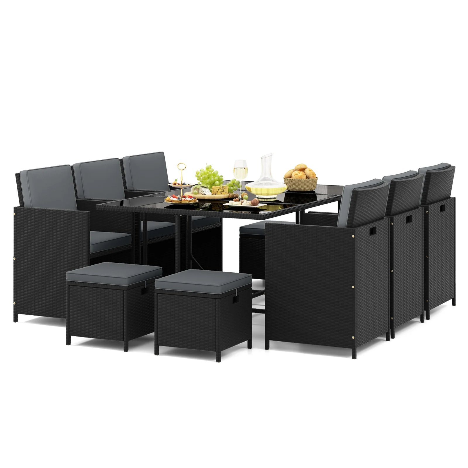 11 Pieces Patio Dining Set With Ottomans For Garden Yard Poolside-Grey