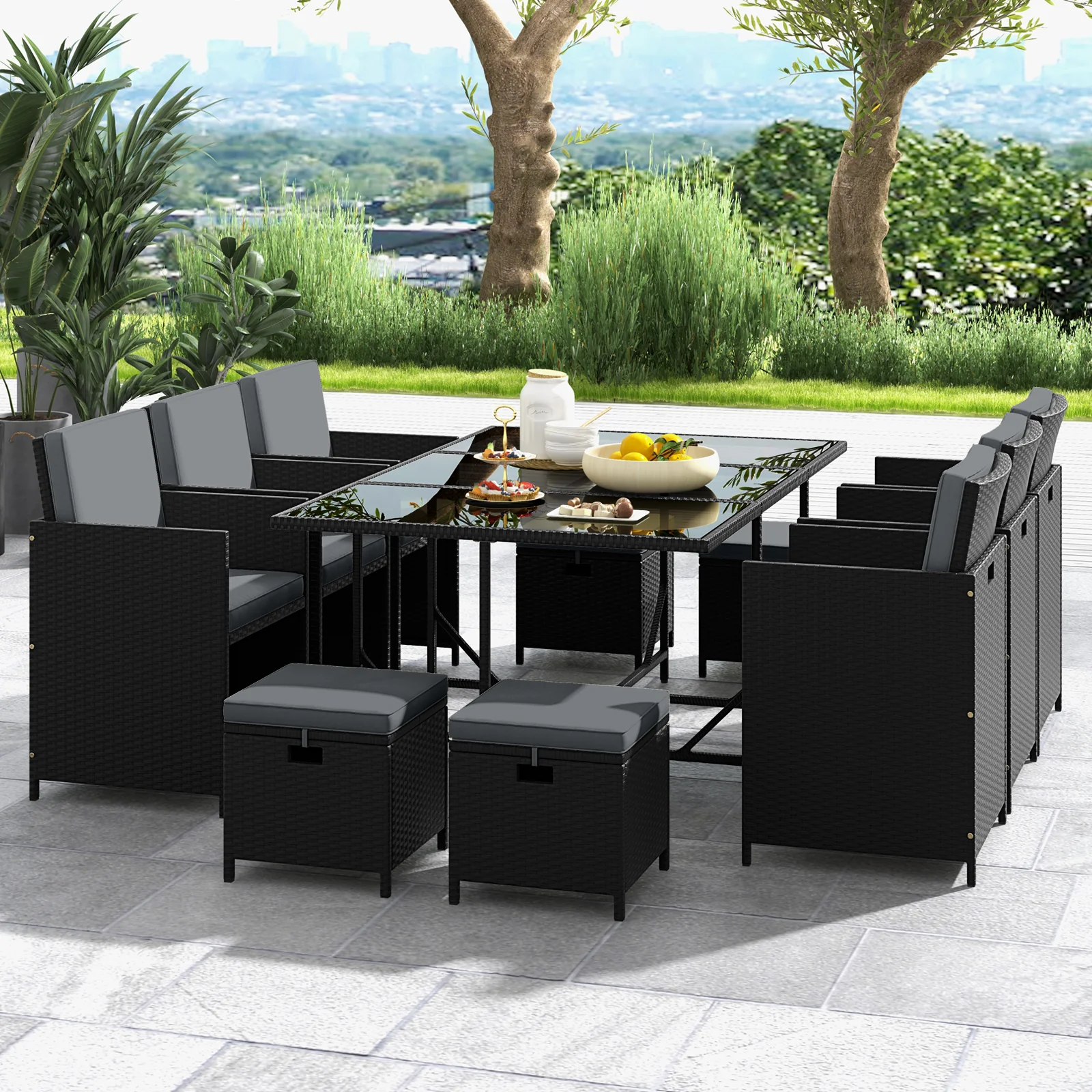 11 Pieces Patio Dining Set With Ottomans For Garden Yard Poolside-Grey - Image 2