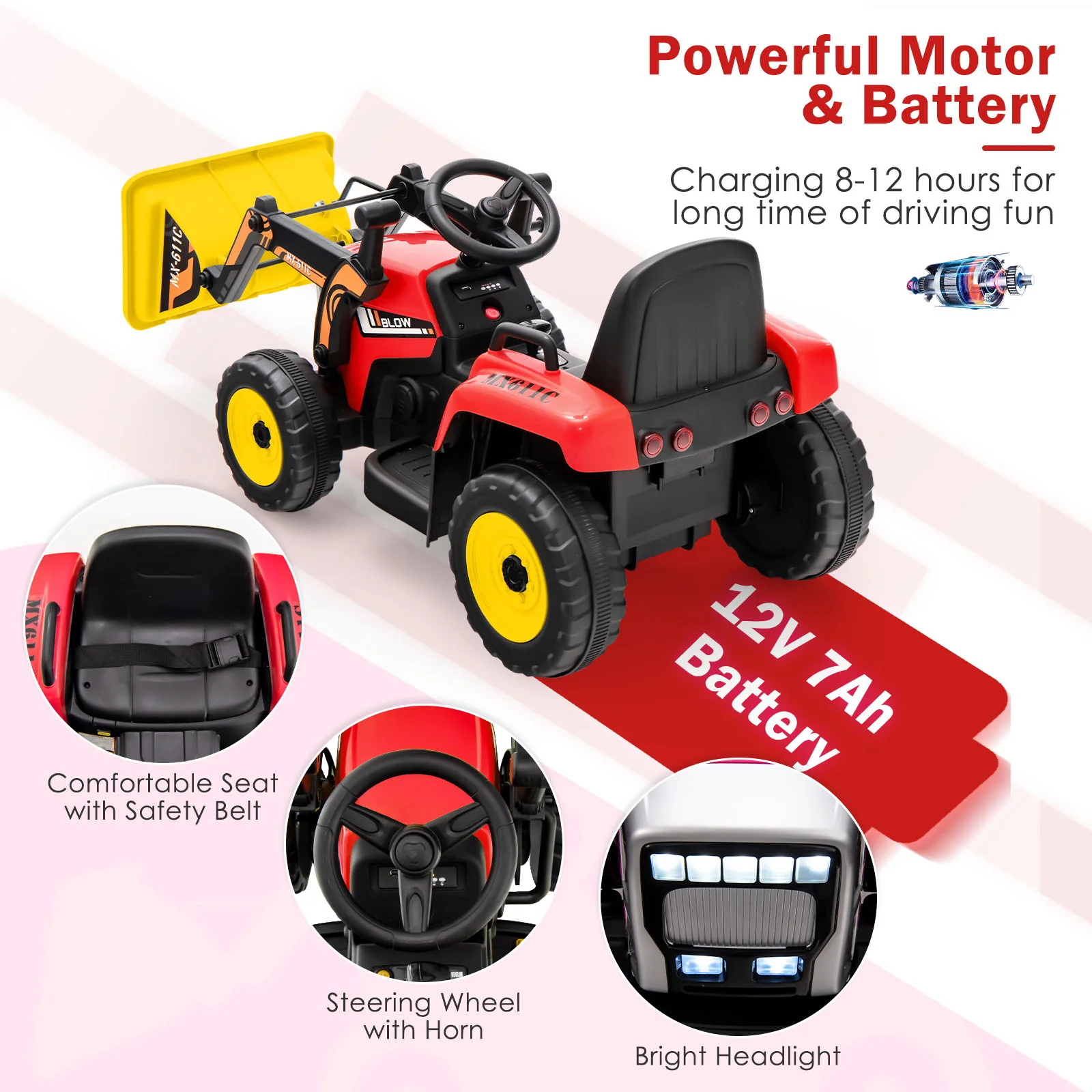 12V Battery Powered Loader Digger with Adjustable Arm and Bucket-Red - Image 5
