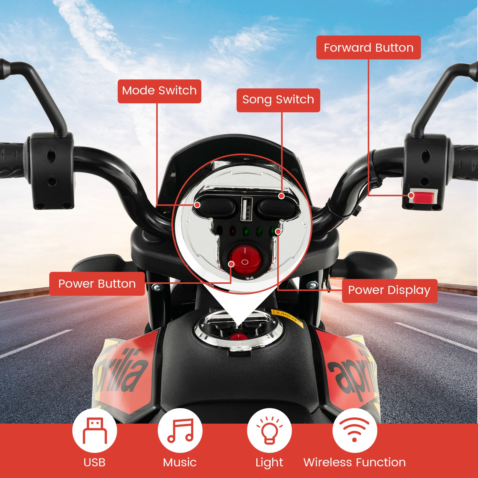 12V Battery Powered Toddler Motorbike with Music for 3-8 Years Old Kids-Black - Image 10