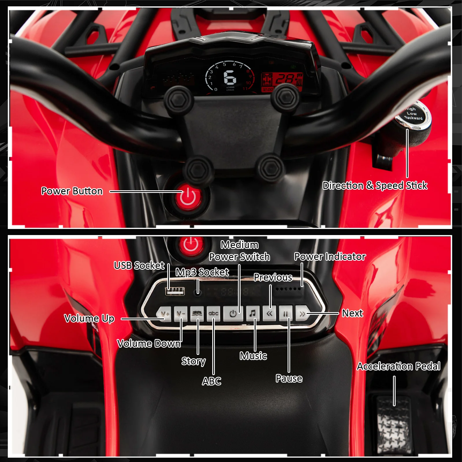12V Electric Powered Quad Vehicle with Spring Suspension Oversized Wheels and Storage Basket-Red - Image 7