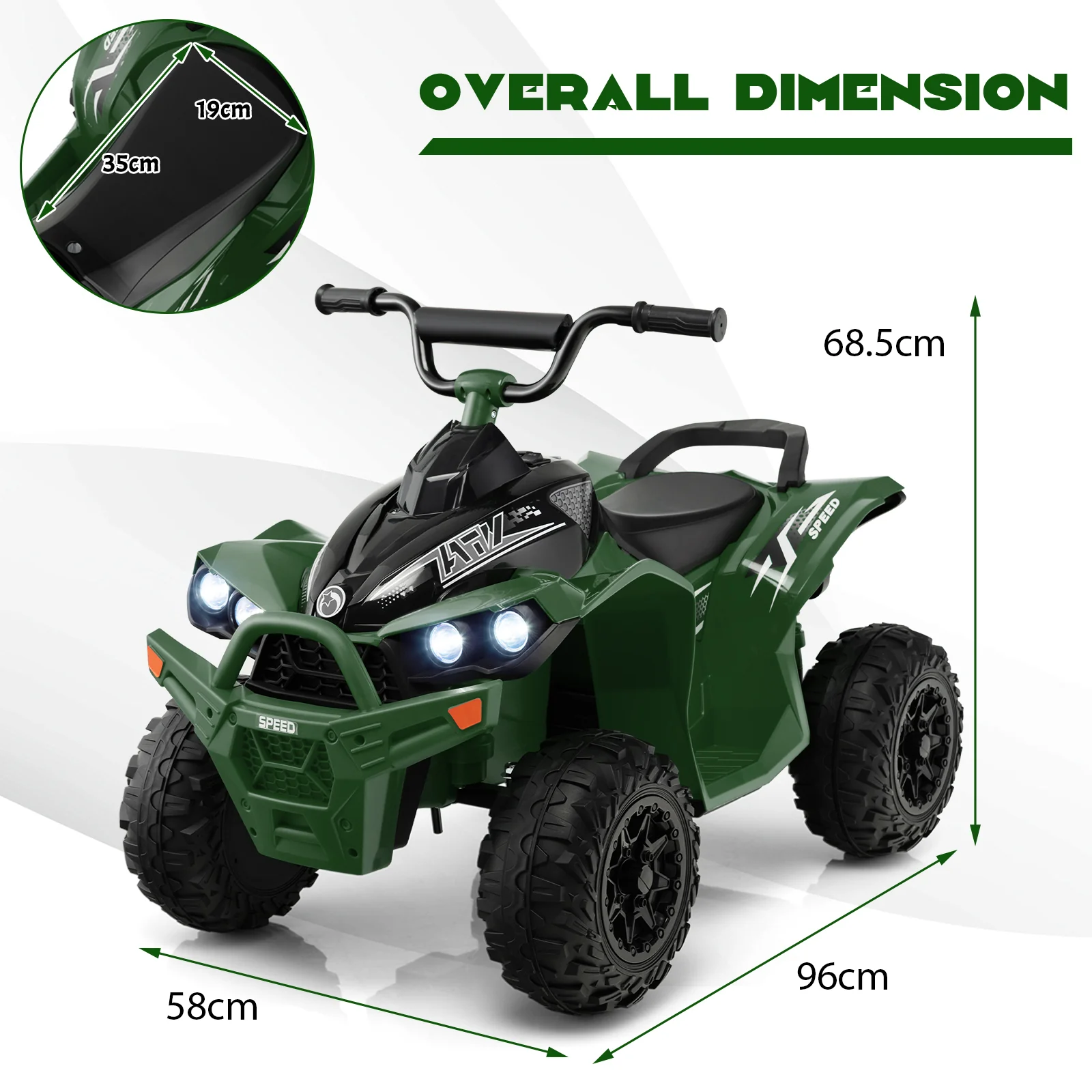 12V Kids Ride On ATV with 2 Speeds and LED Lights-Green - Image 5