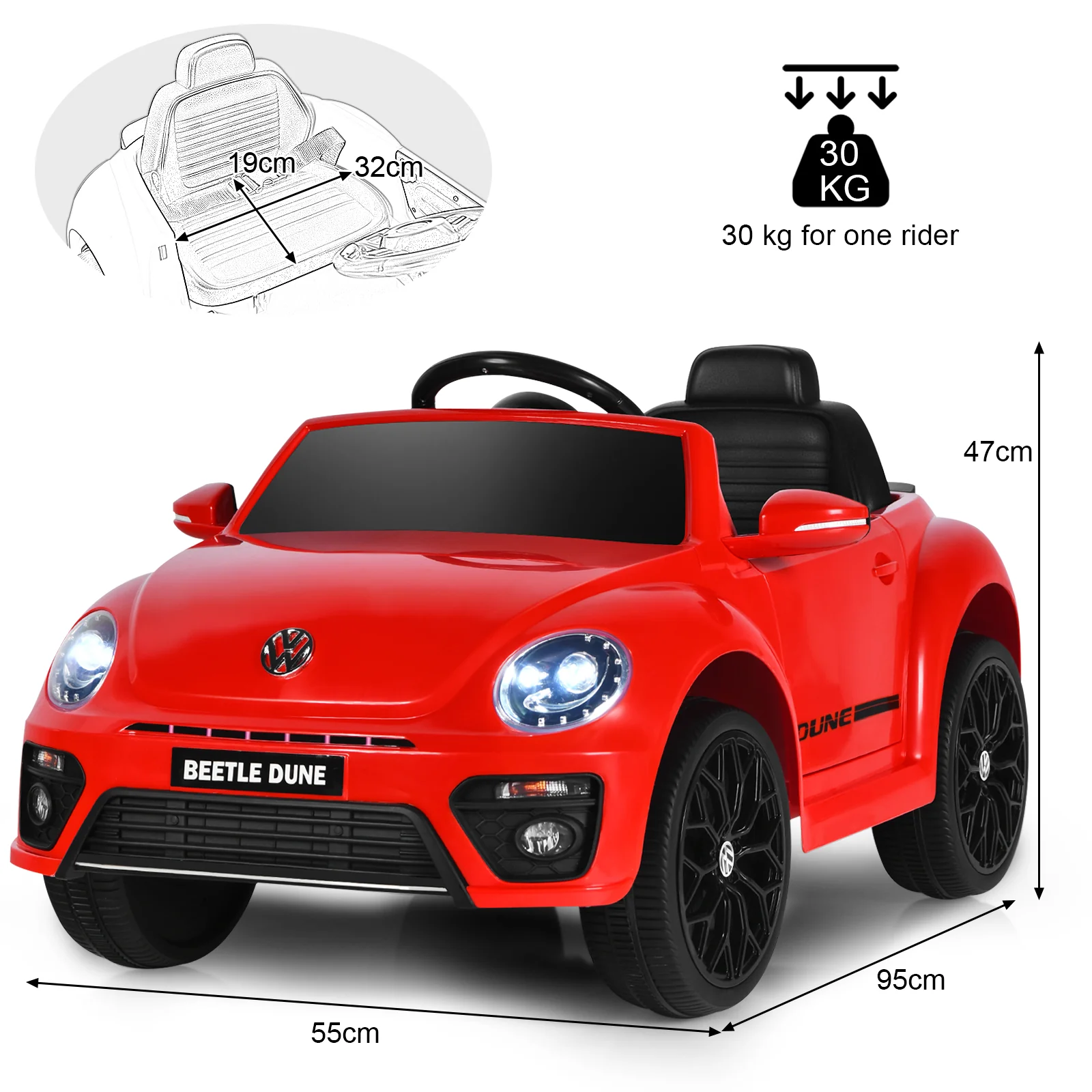 12V Volkswagen Beetle Electric Kids Ride On Car with Remote Control-Red - Image 4