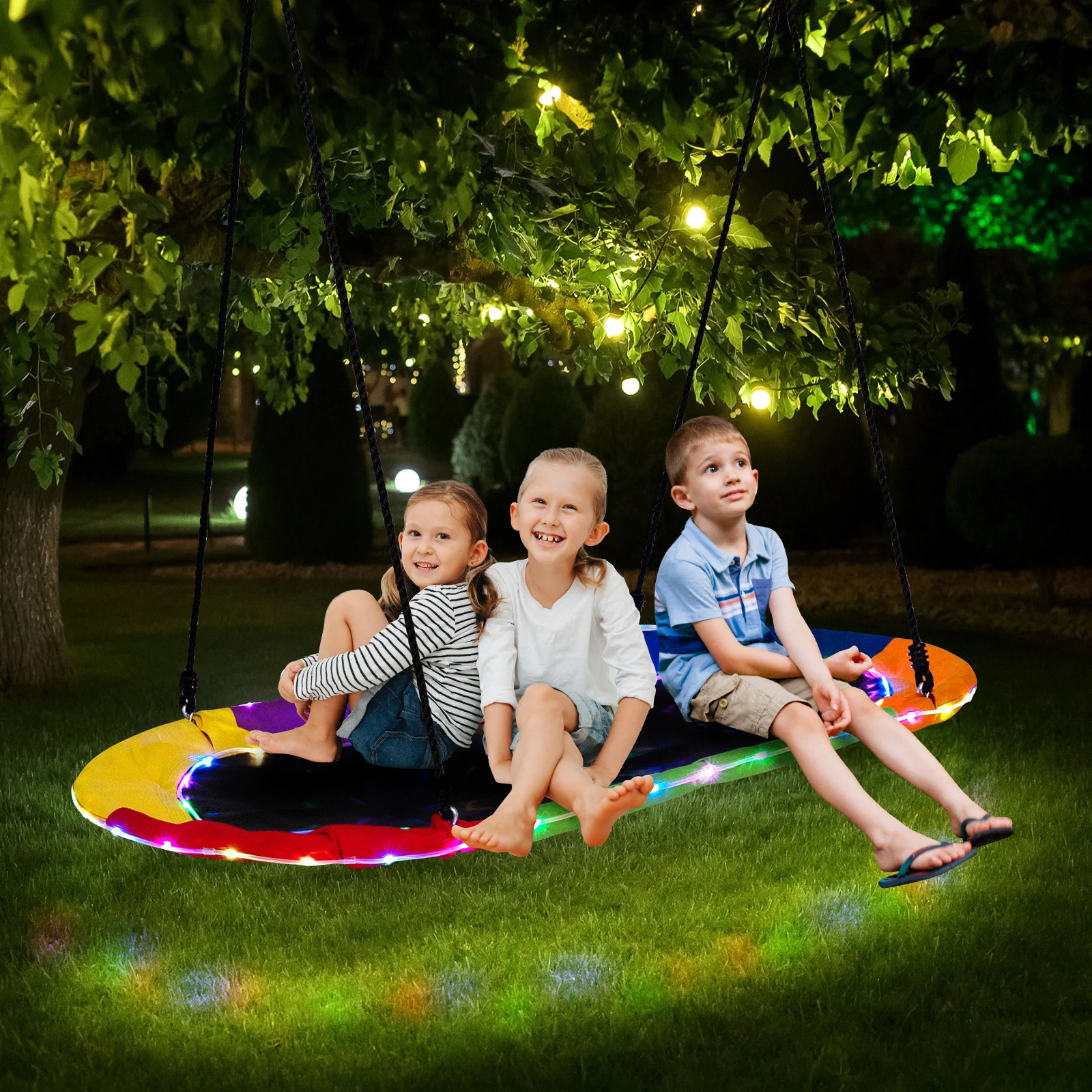 150 cm Saucer Swing with LED Lights and Adjustable Ropes-Colourful - Image 5