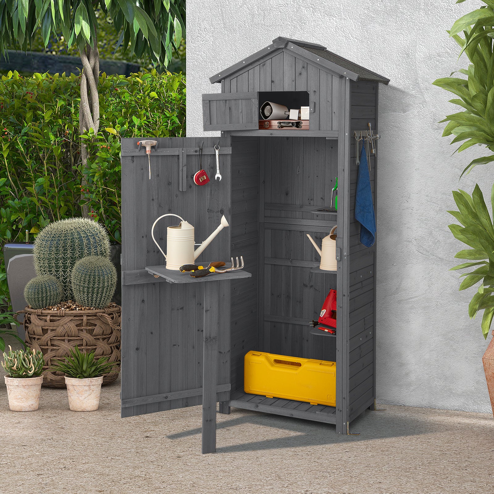 180.5CM Tall Outdoor Storage Cabinet with Lockable Doors and Foldable Table-Grey - Image 2