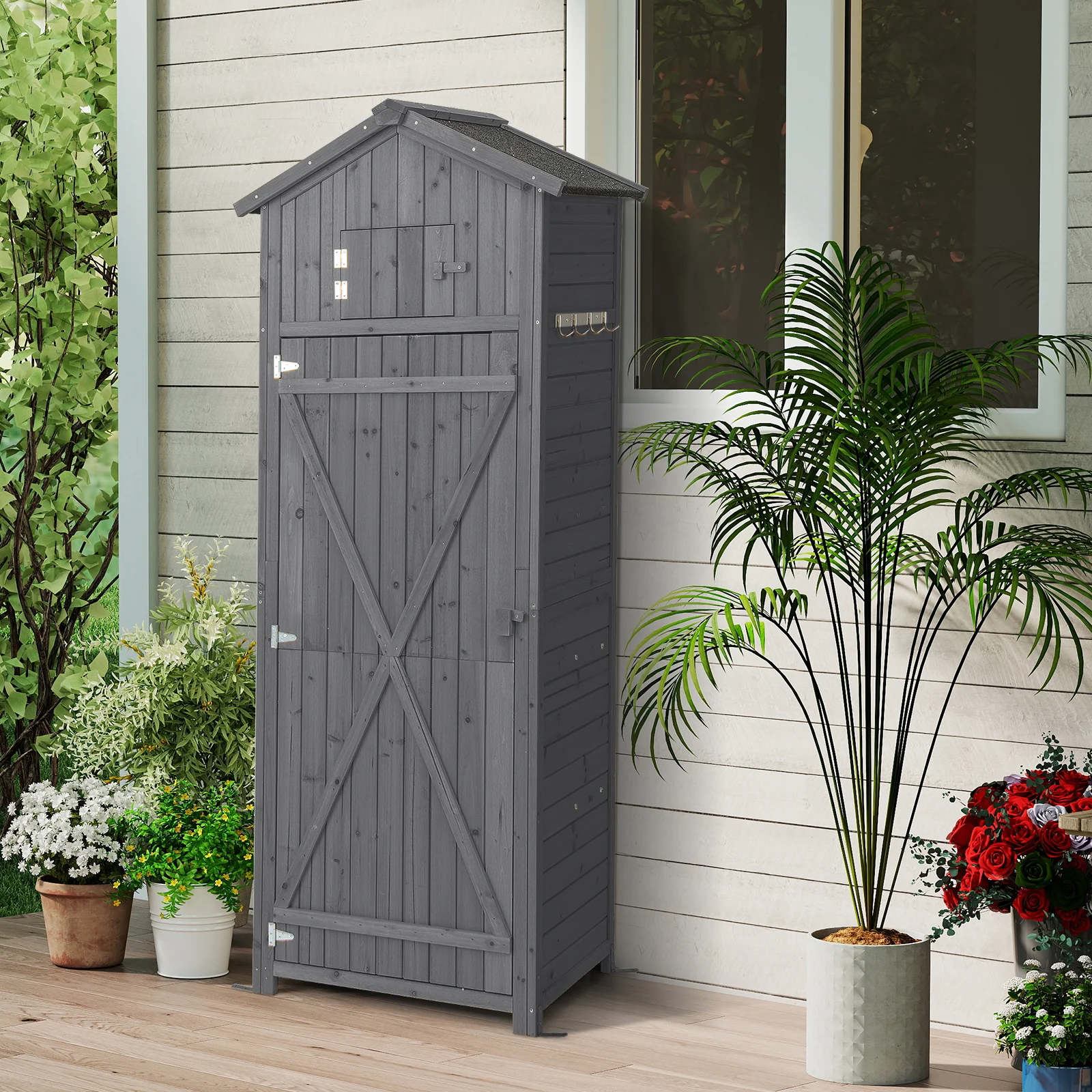 180.5CM Tall Outdoor Storage Cabinet with Lockable Doors and Foldable Table-Grey - Image 3