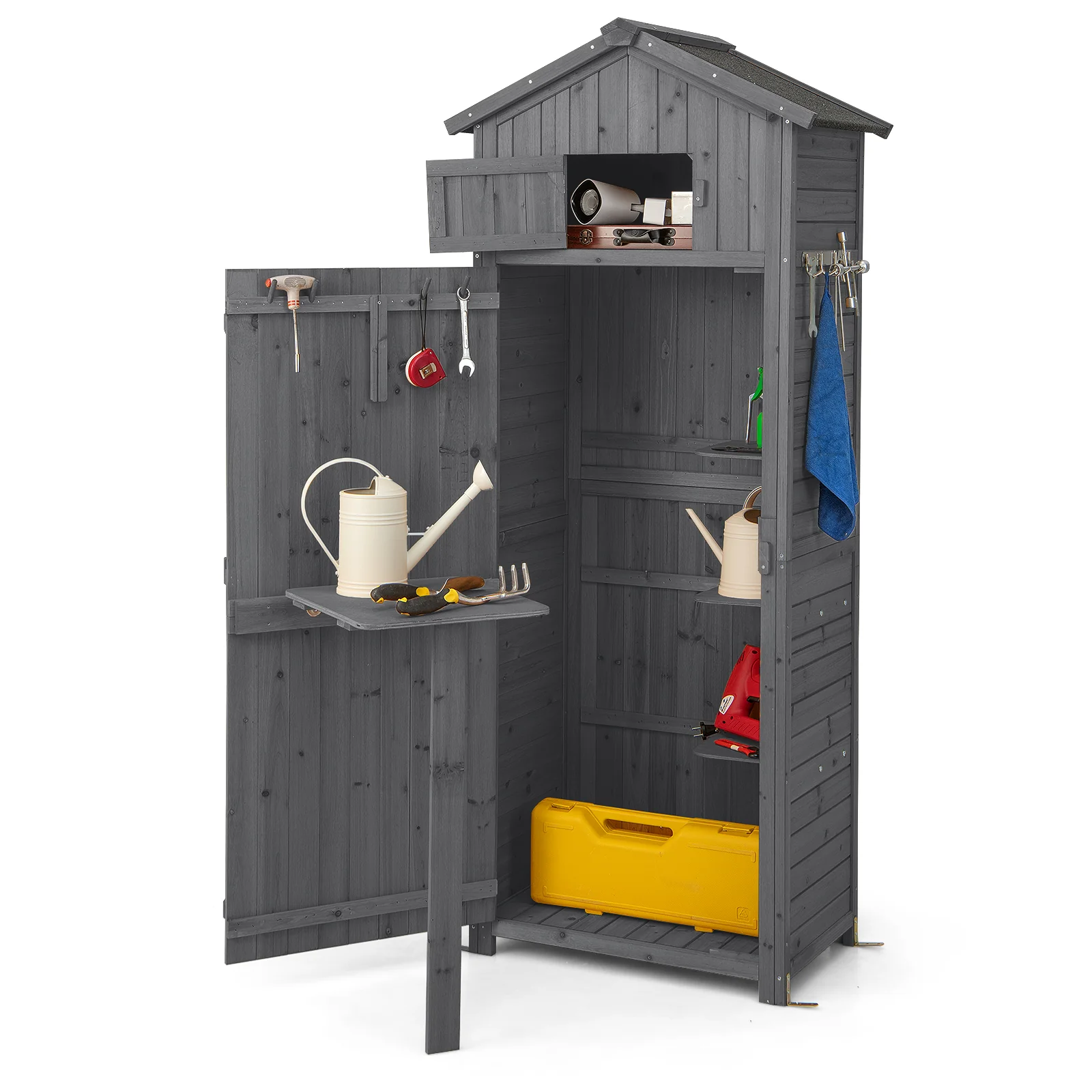180.5CM Tall Outdoor Storage Cabinet with Lockable Doors and Foldable Table-Grey - Image 4