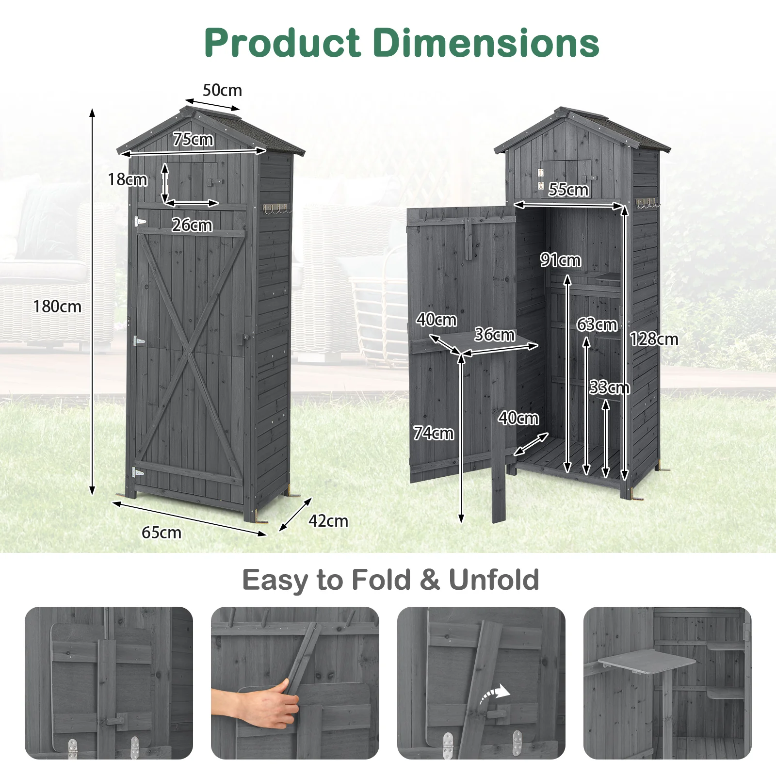 180.5CM Tall Outdoor Storage Cabinet with Lockable Doors and Foldable Table-Grey - Image 5