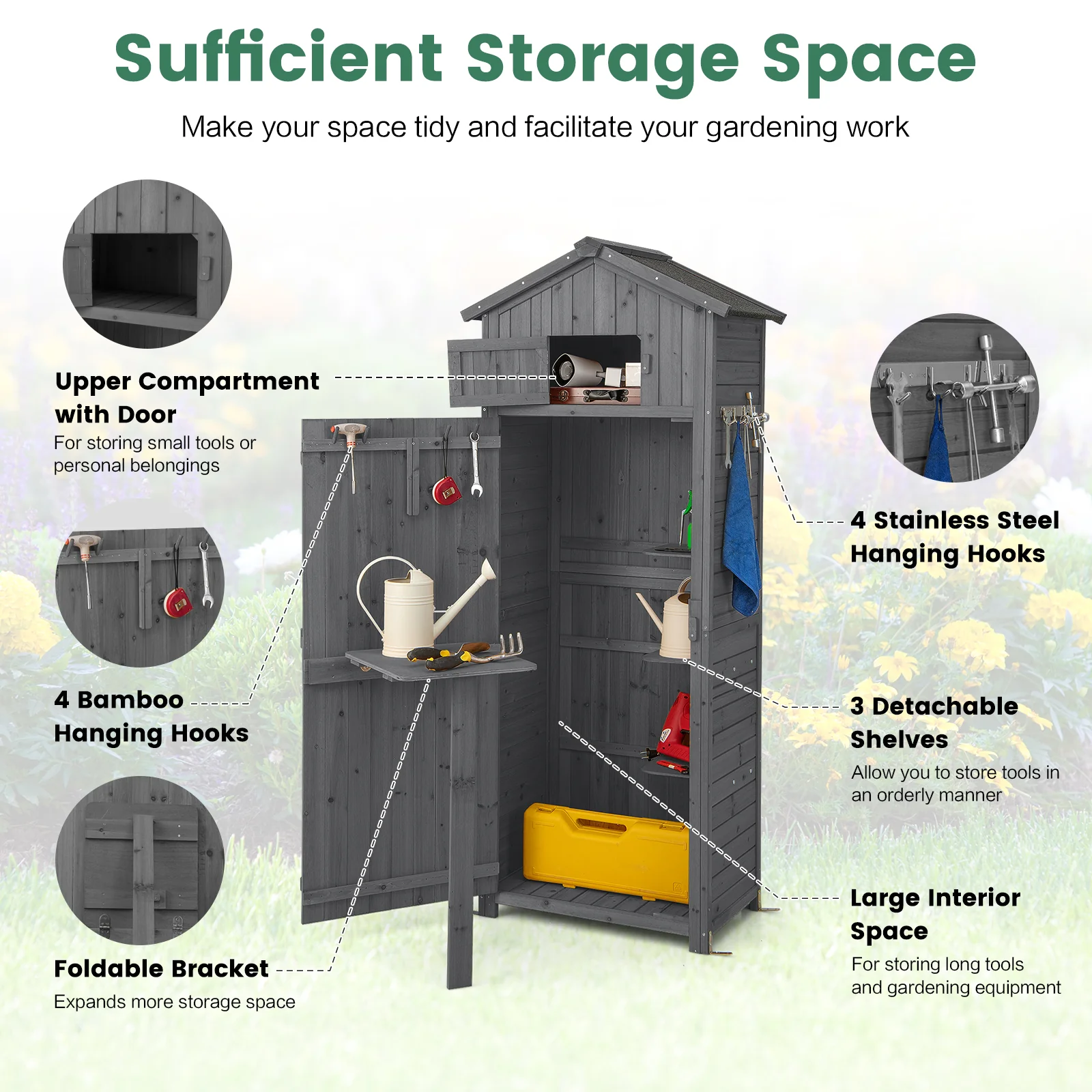 180.5CM Tall Outdoor Storage Cabinet with Lockable Doors and Foldable Table-Grey - Image 7
