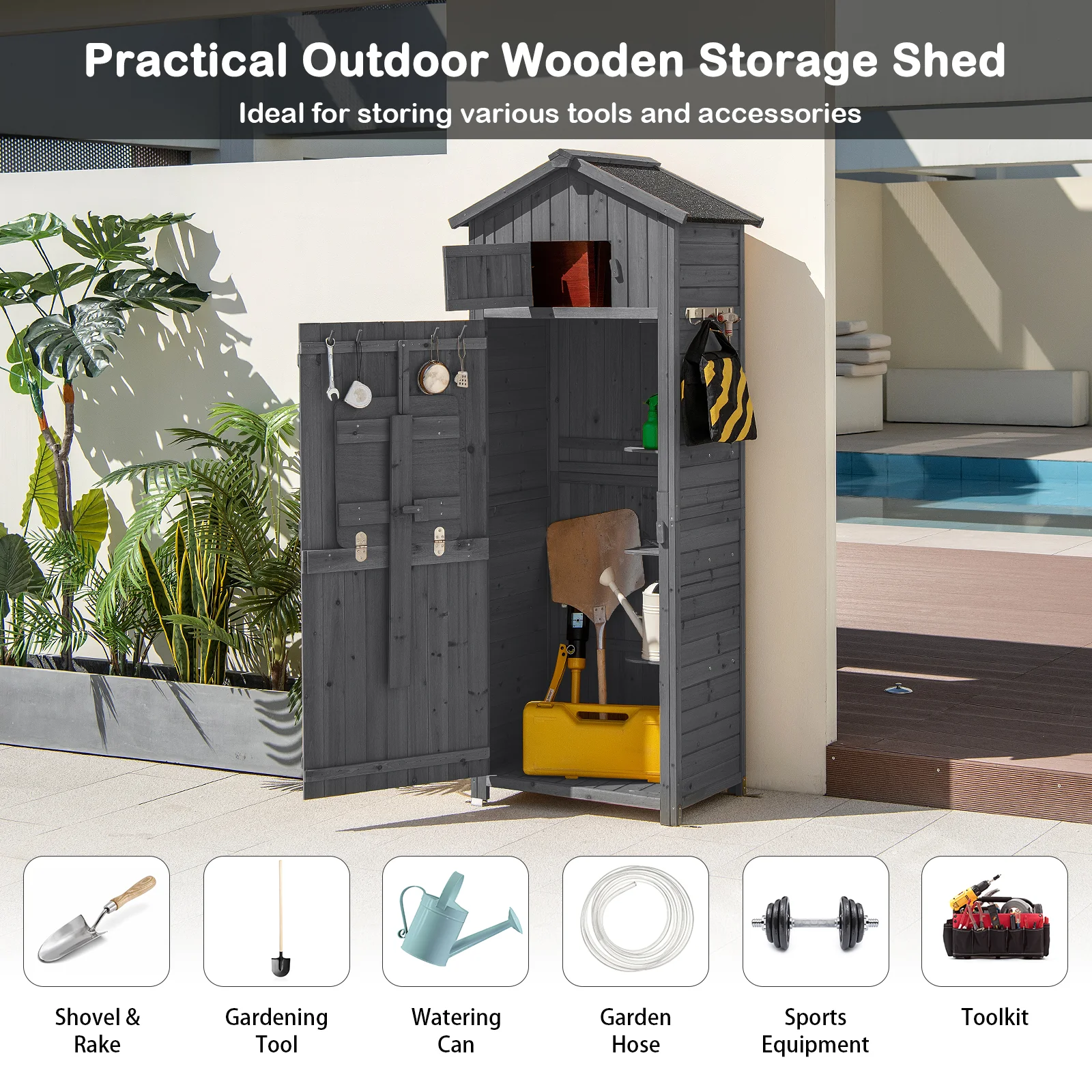 180.5CM Tall Outdoor Storage Cabinet with Lockable Doors and Foldable Table-Grey - Image 9
