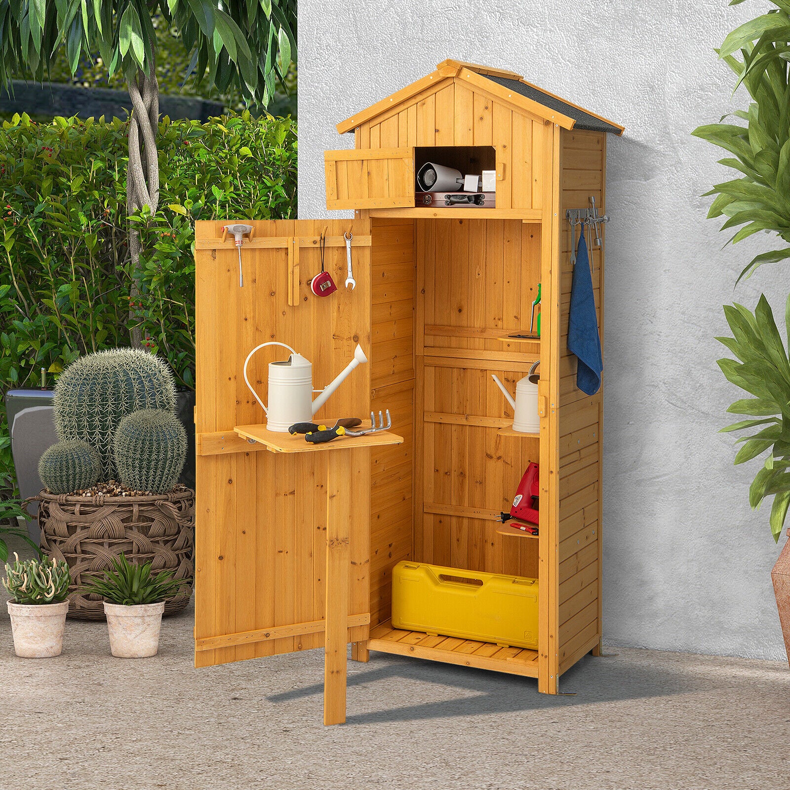 180.5CM Tall Outdoor Storage Cabinet with Lockable Doors and Foldable Table-Natrual - Image 2