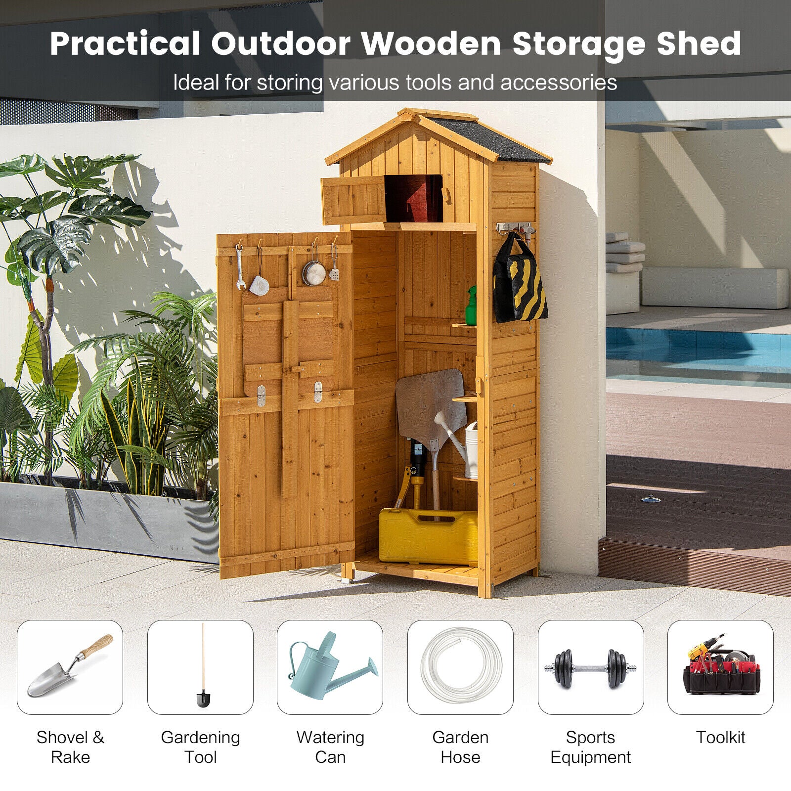 180.5CM Tall Outdoor Storage Cabinet with Lockable Doors and Foldable Table-Natrual - Image 3