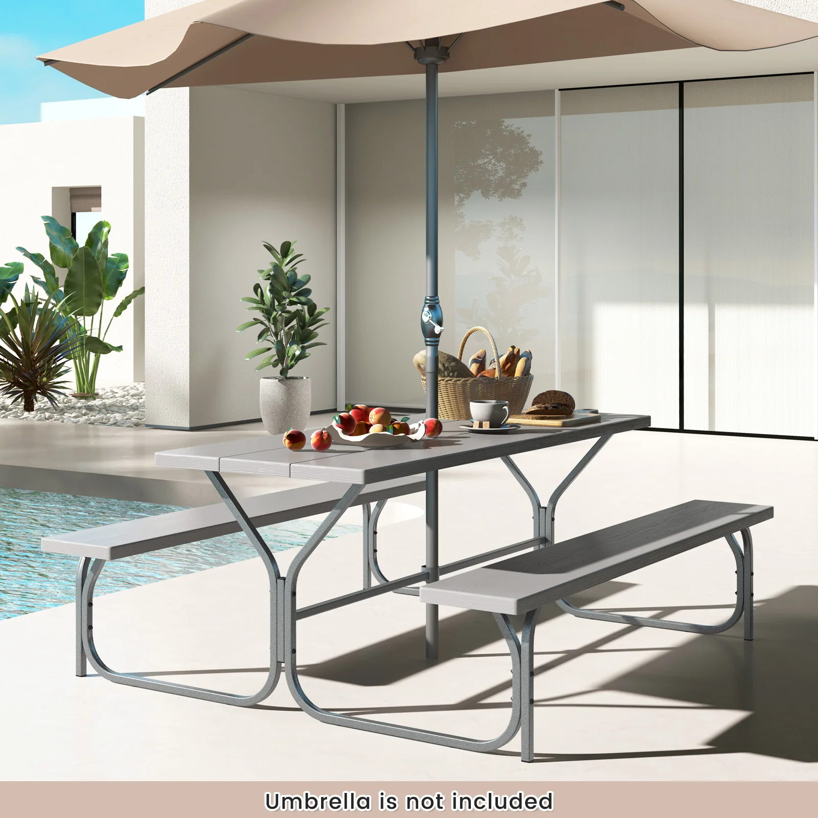 183 cm Picnic Table Bench Set with Umbrella Hole for Patio Garden Yard Poolside Party-Grey - Image 3