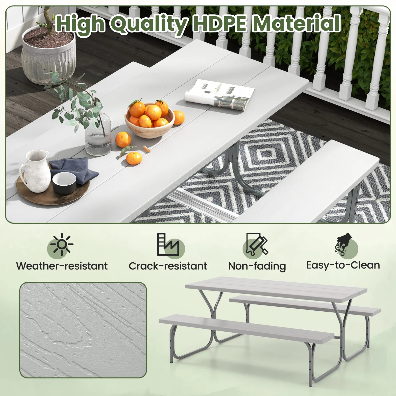 183 cm Picnic Table Bench Set with Umbrella Hole for Patio Garden Yard Poolside Party-Grey - Image 7