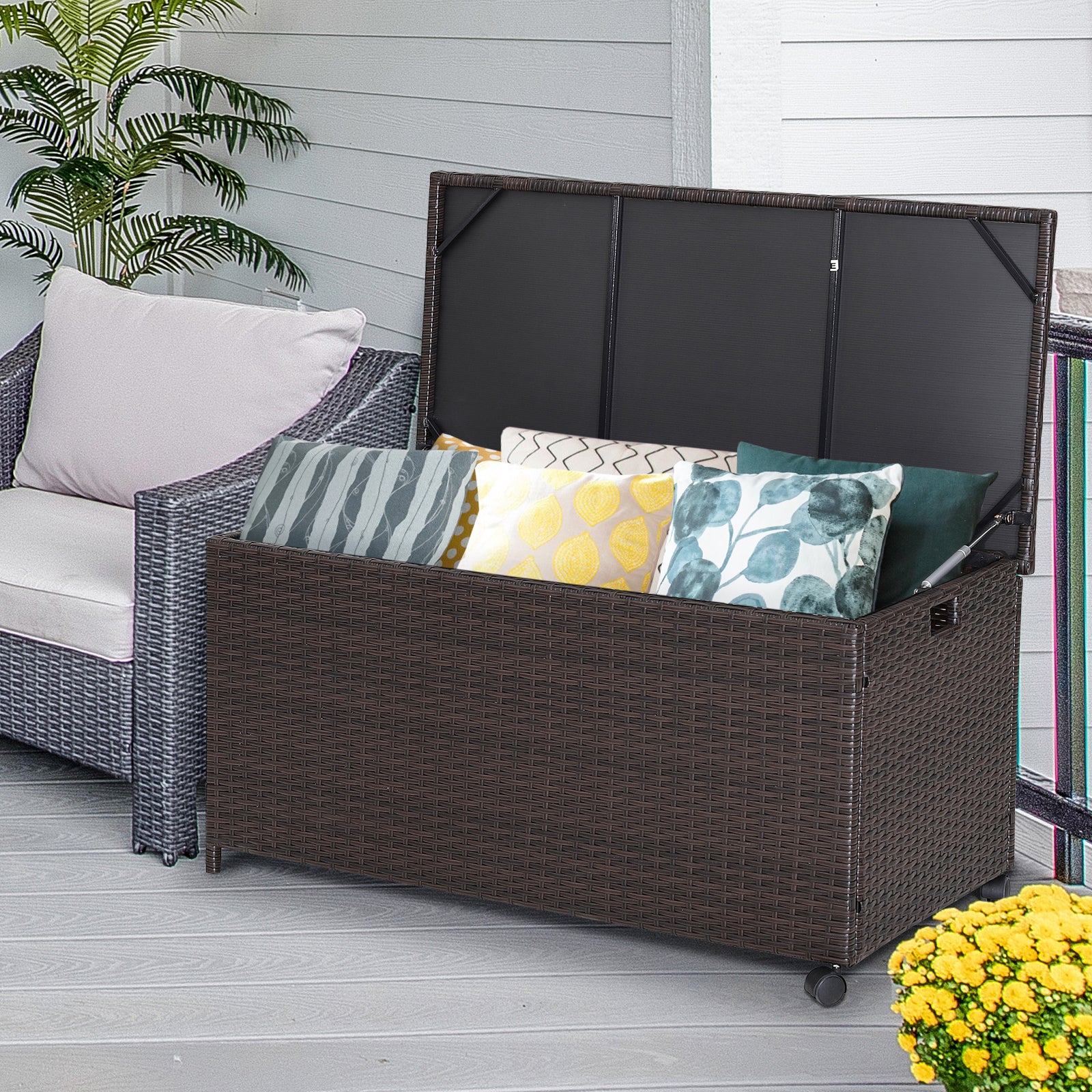 190L Deck Storage Box Patio Rattan Storage Container With 2 Wheels - Image 2