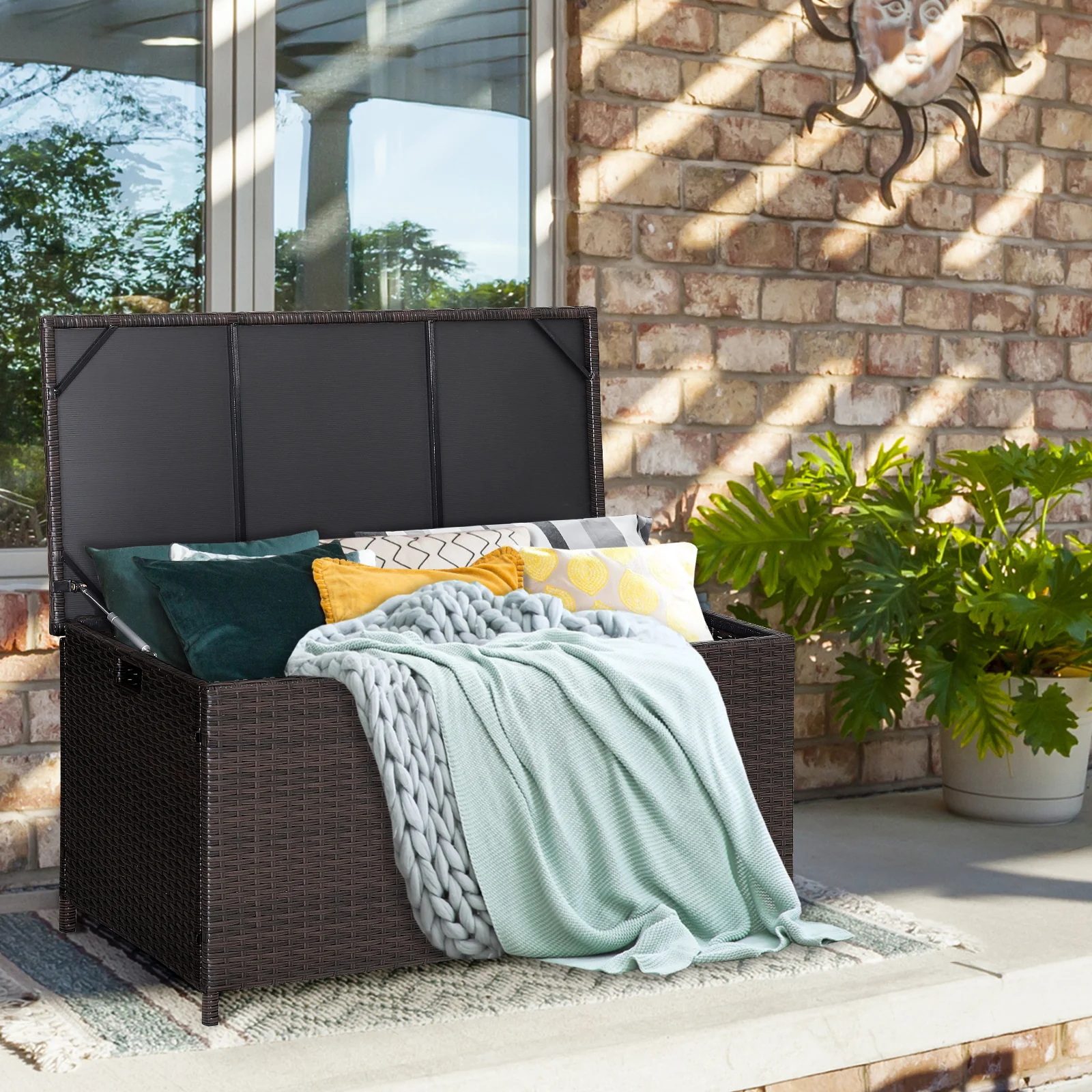 190L Deck Storage Box Patio Rattan Storage Container With 2 Wheels - Image 3