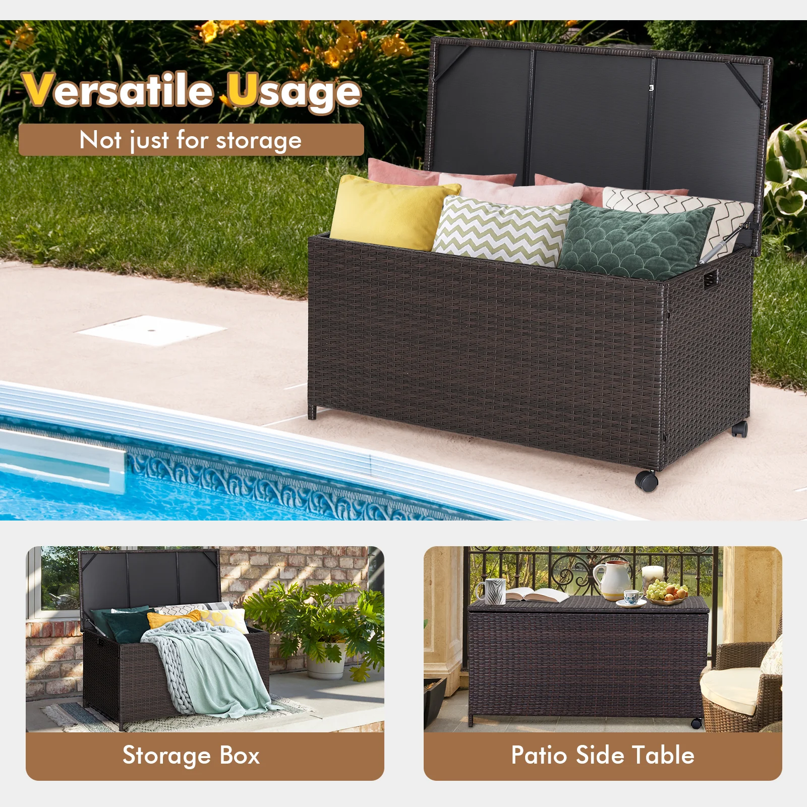 190L Deck Storage Box Patio Rattan Storage Container With 2 Wheels - Image 9