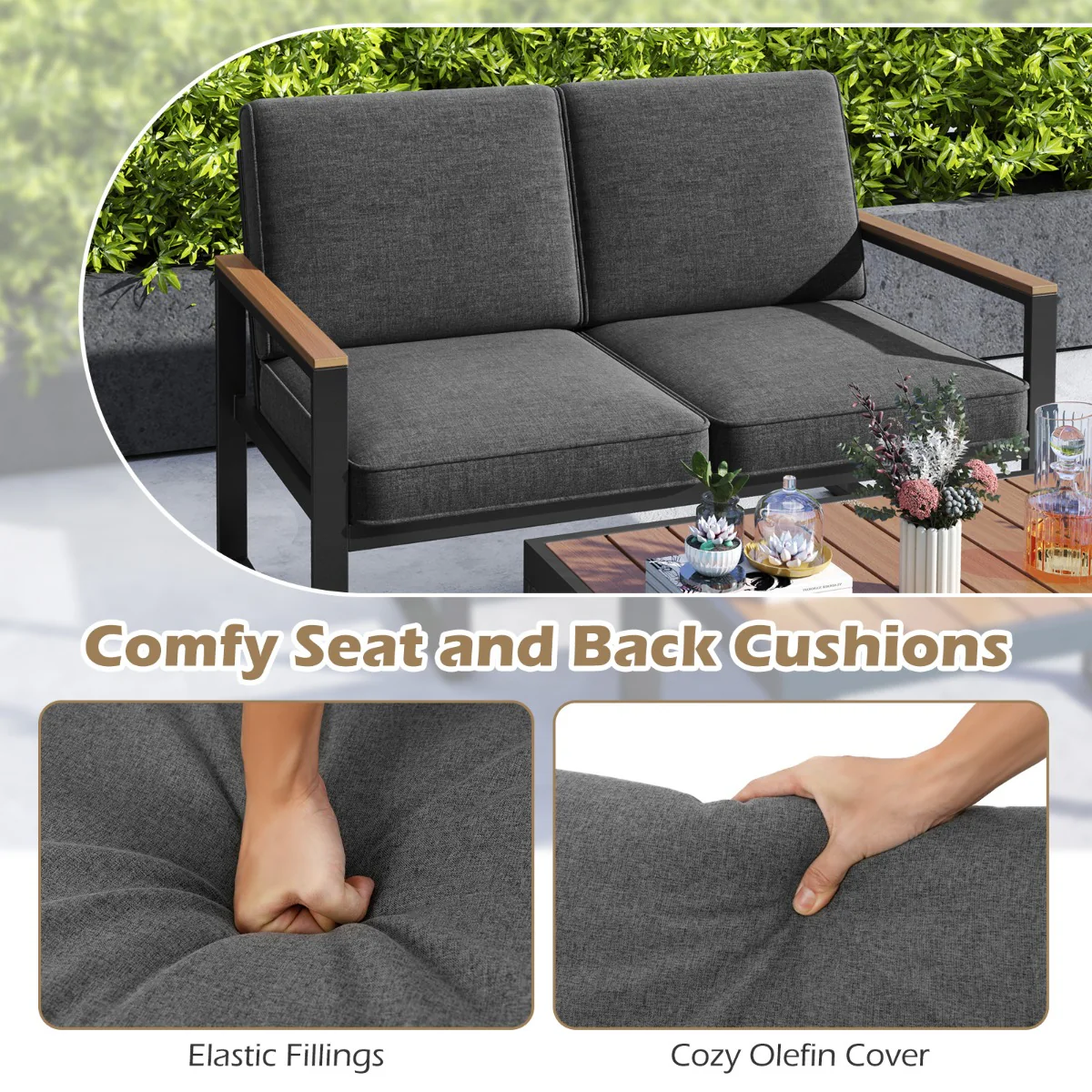 2 Piece Patio Aluminum Furniture Set with Wood-Plastic Armrests and Tabletop-Grey - Image 10