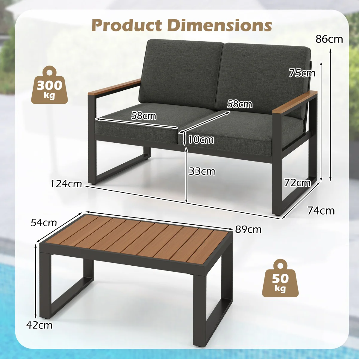 2 Piece Patio Aluminum Furniture Set with Wood-Plastic Armrests and Tabletop-Grey - Image 5