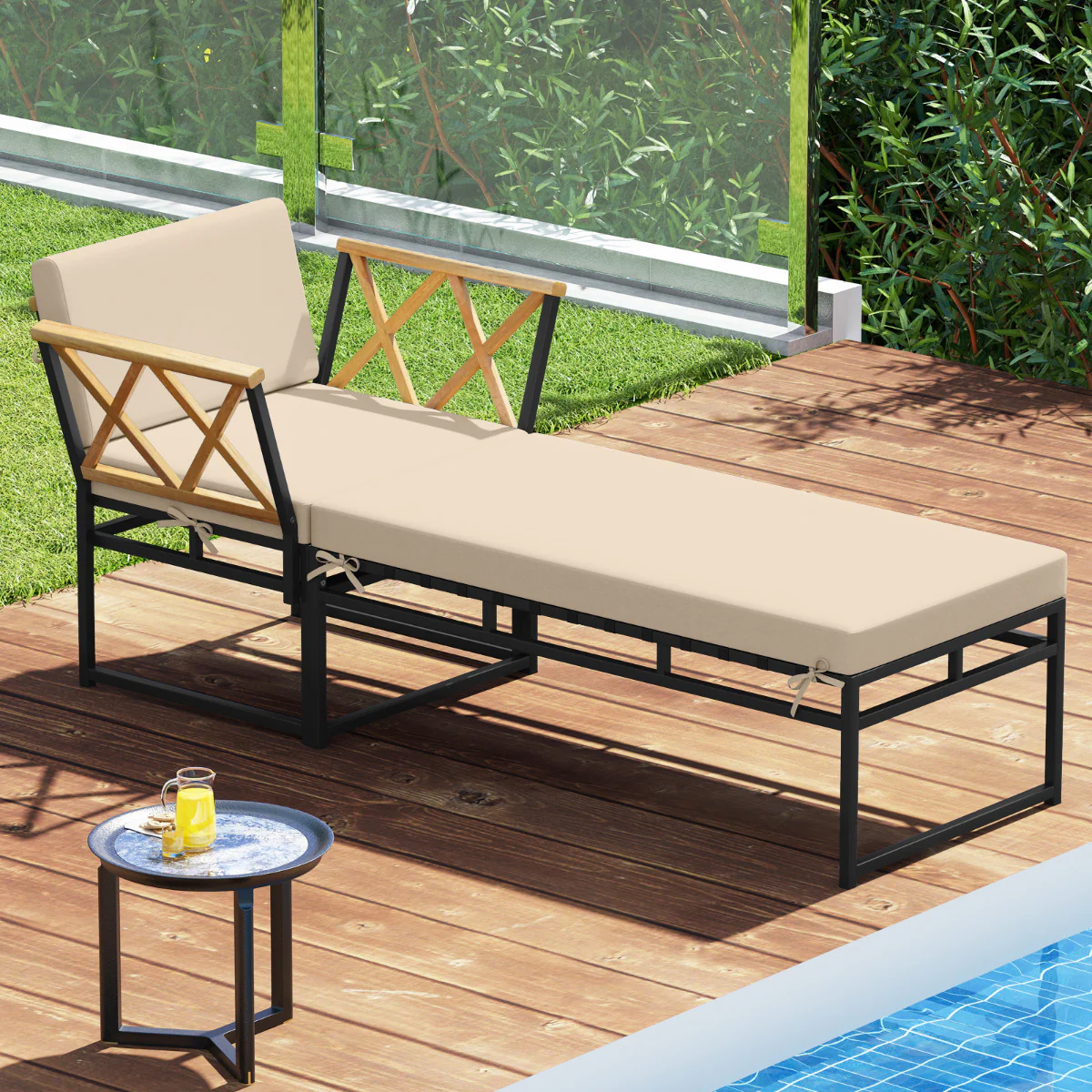 2 Pieces Patio Furniture Set with Cushion and Acacia Wood Armrests-Brown - Image 2