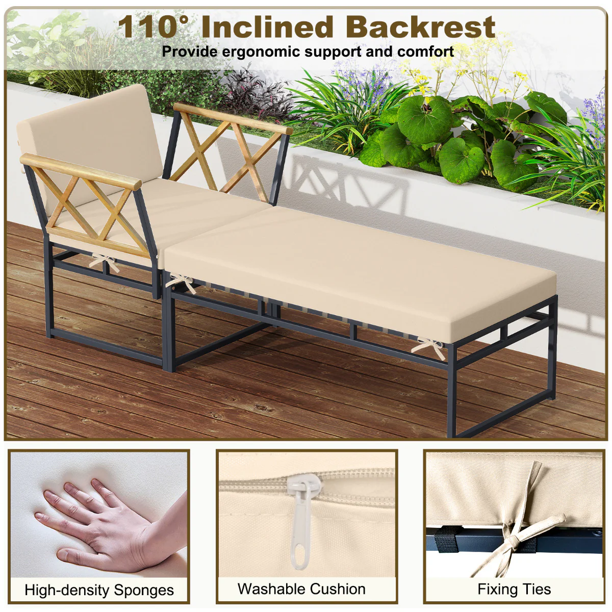 2 Pieces Patio Furniture Set with Cushion and Acacia Wood Armrests-Brown - Image 8