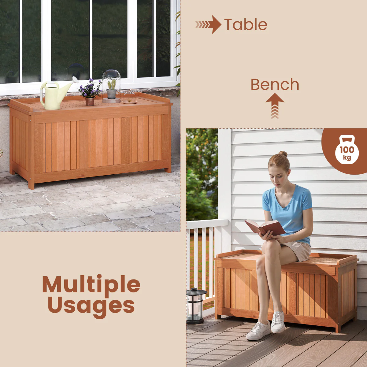 220L Wood Deck Box 3-in-1 Patio Storage Bench Stool With Flip Top For Cushions - Image 6