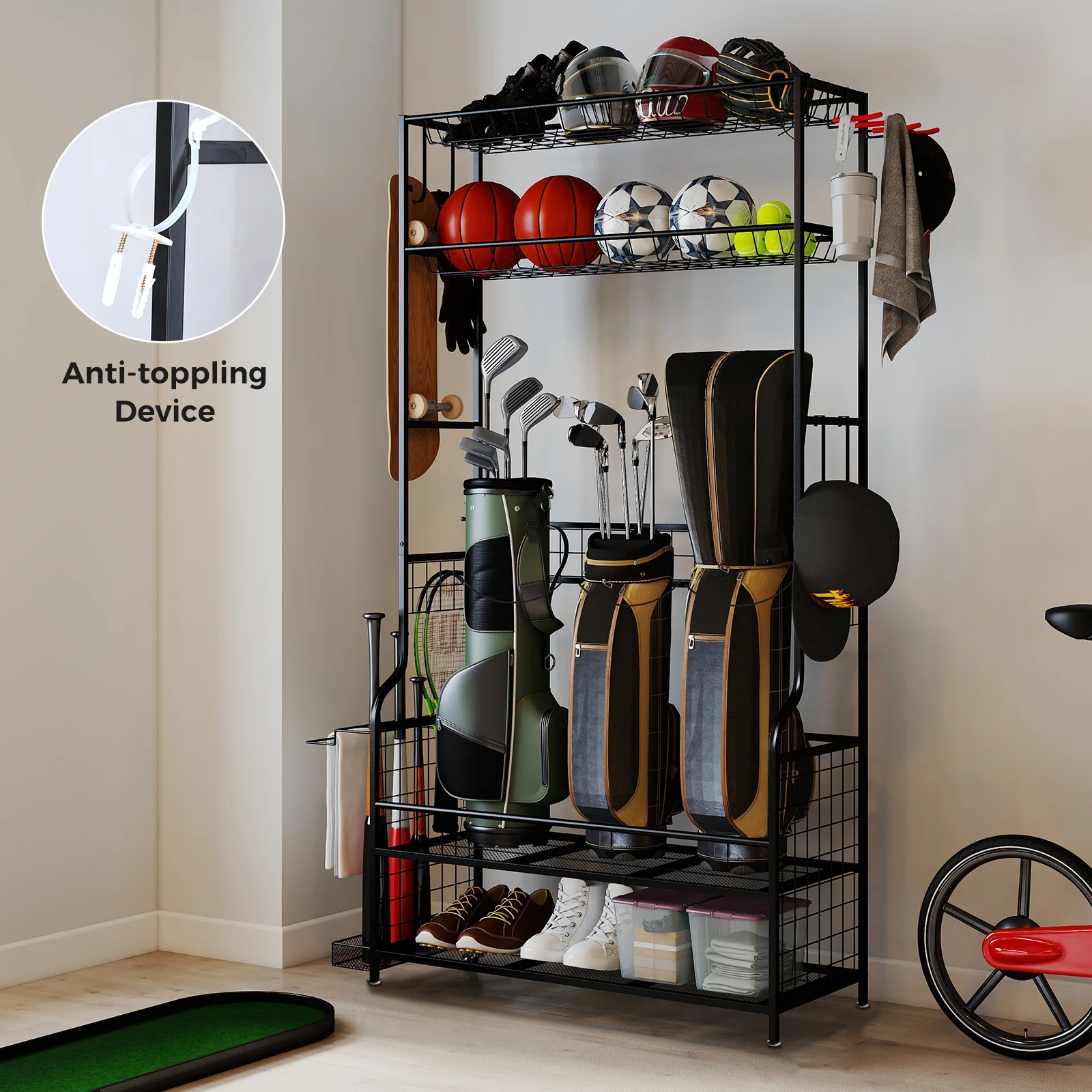 3 Golf Bags Storage Garage Organizer with Wheels 4 Hooks-Black - Image 3