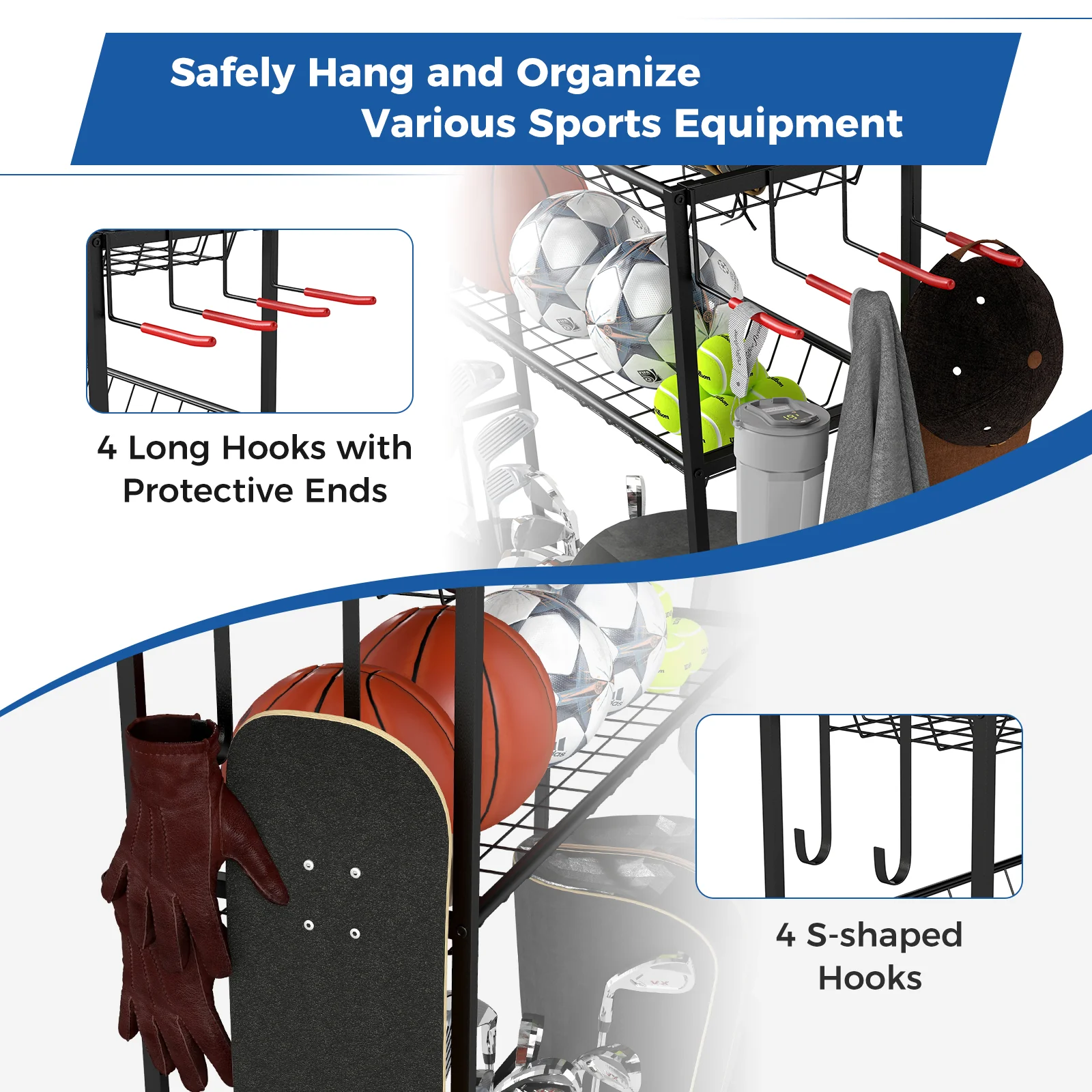 3 Golf Bags Storage Garage Organizer with Wheels 4 Hooks-Black - Image 7