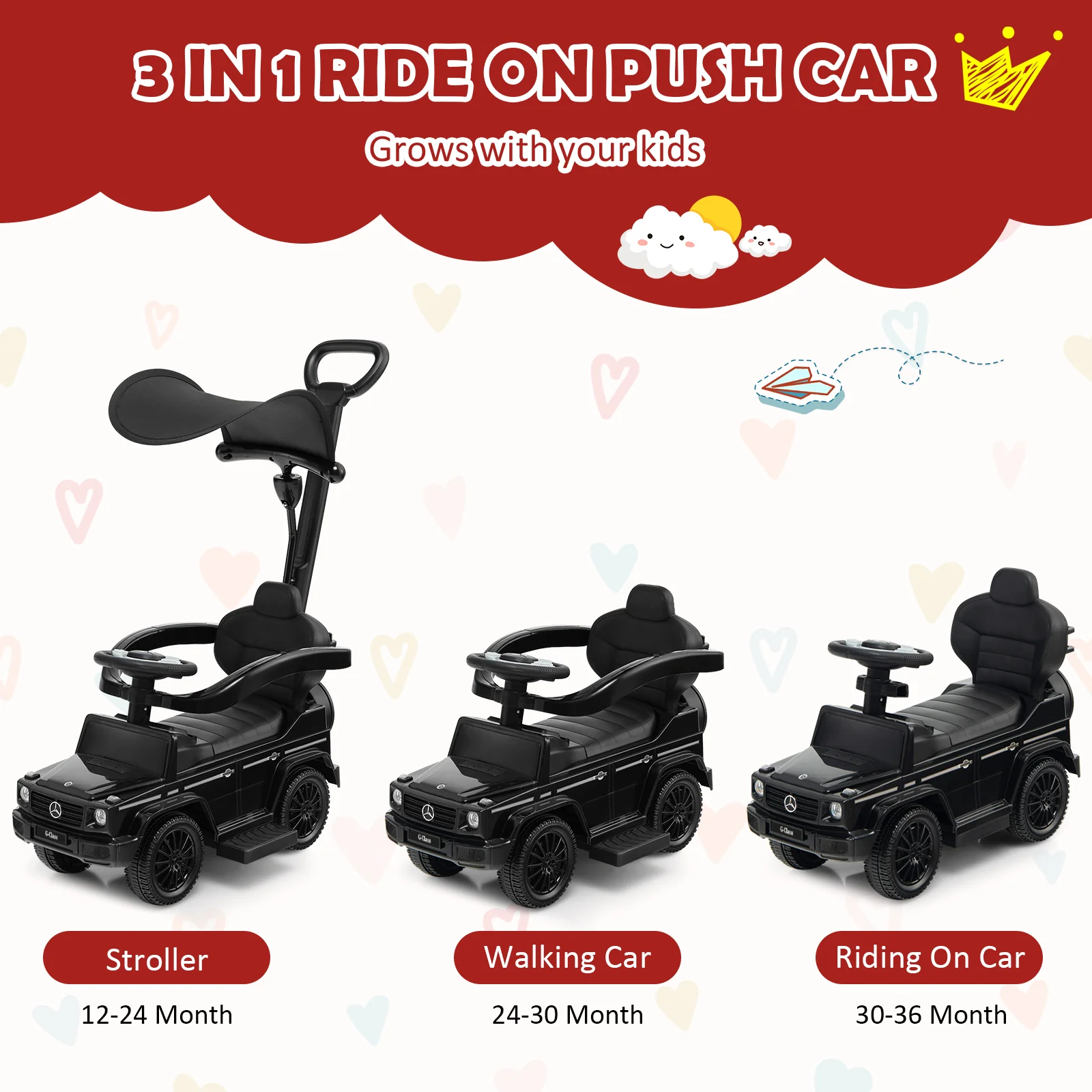 3-in-1 Baby Foot-to Floor Sliding Walker with Push Handle-Black - Image 7