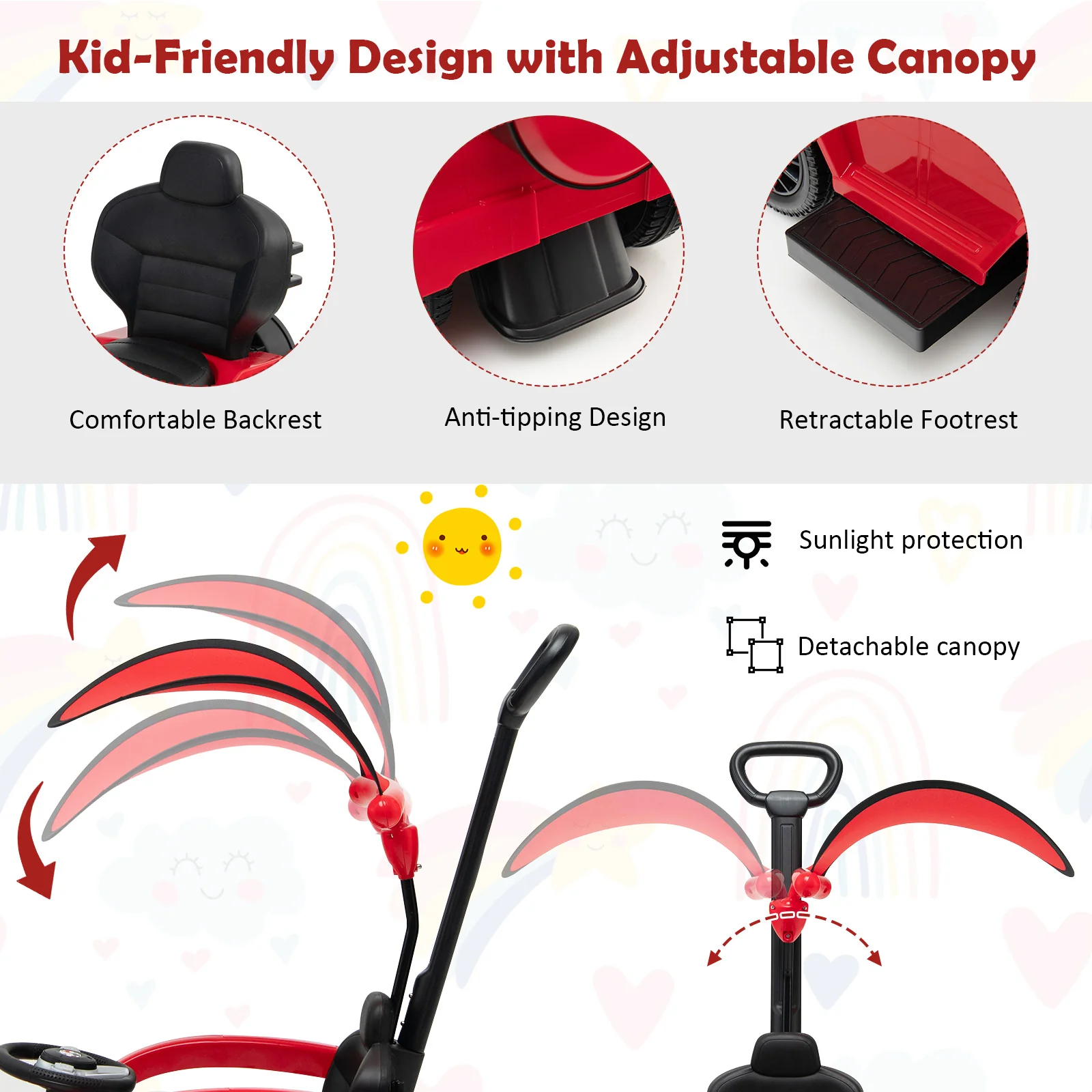 3-in-1 Baby Foot-to Floor Sliding Walker with Push Handle-Red - Image 8
