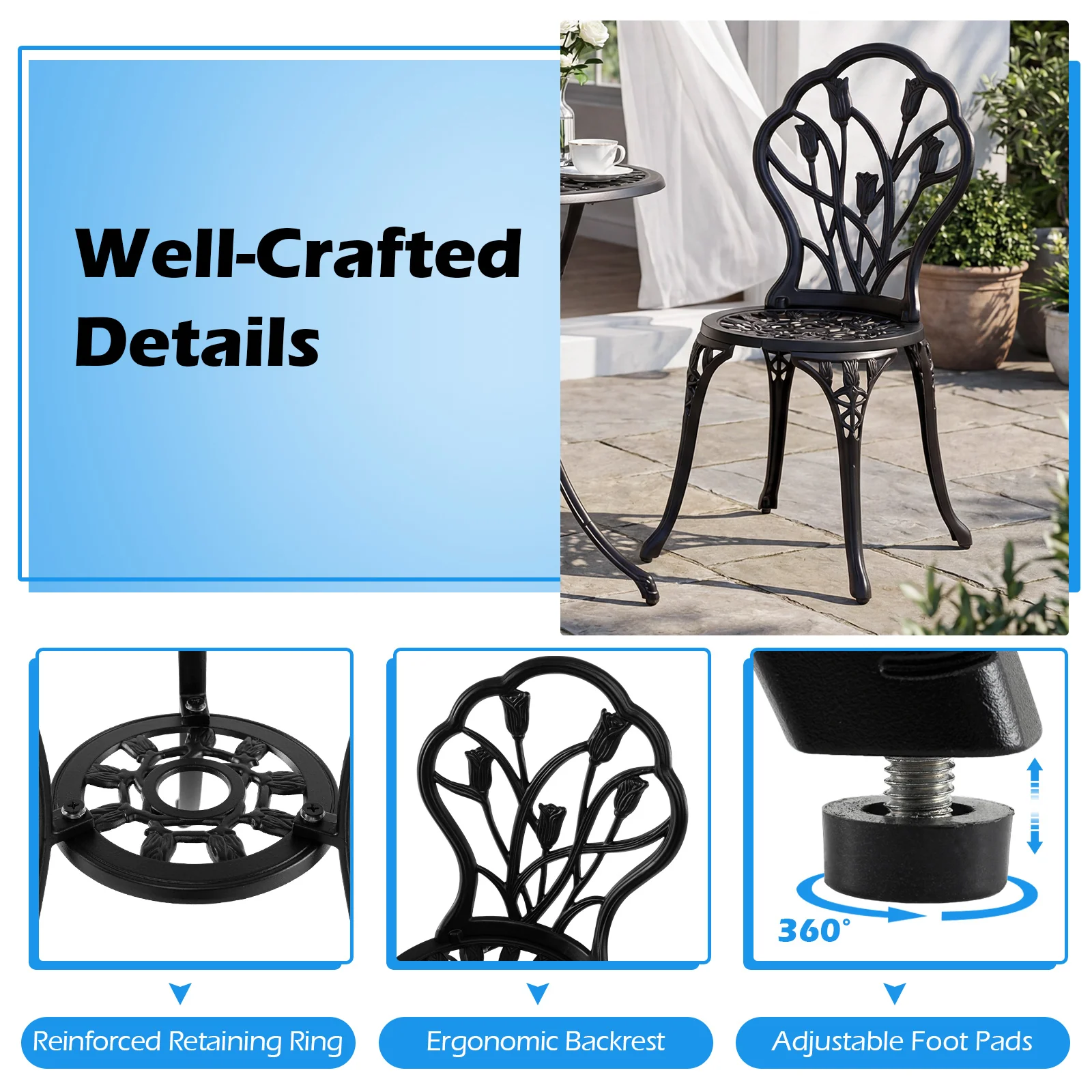 3-Piece Cast Aluminum Bistro Set Patio All-Weather Table and Chairs with Umbrella Hole-Black - Image 10