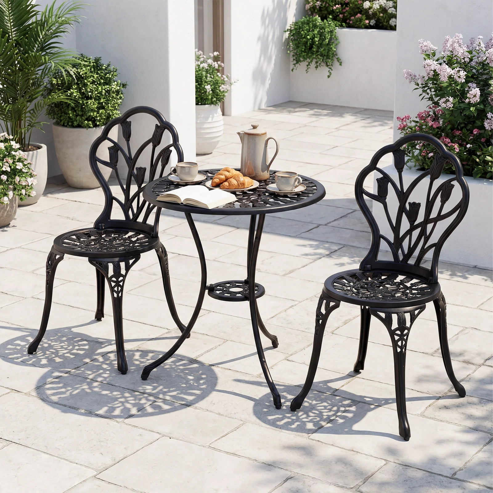 3-Piece Cast Aluminum Bistro Set Patio All-Weather Table and Chairs with Umbrella Hole-Black - Image 2