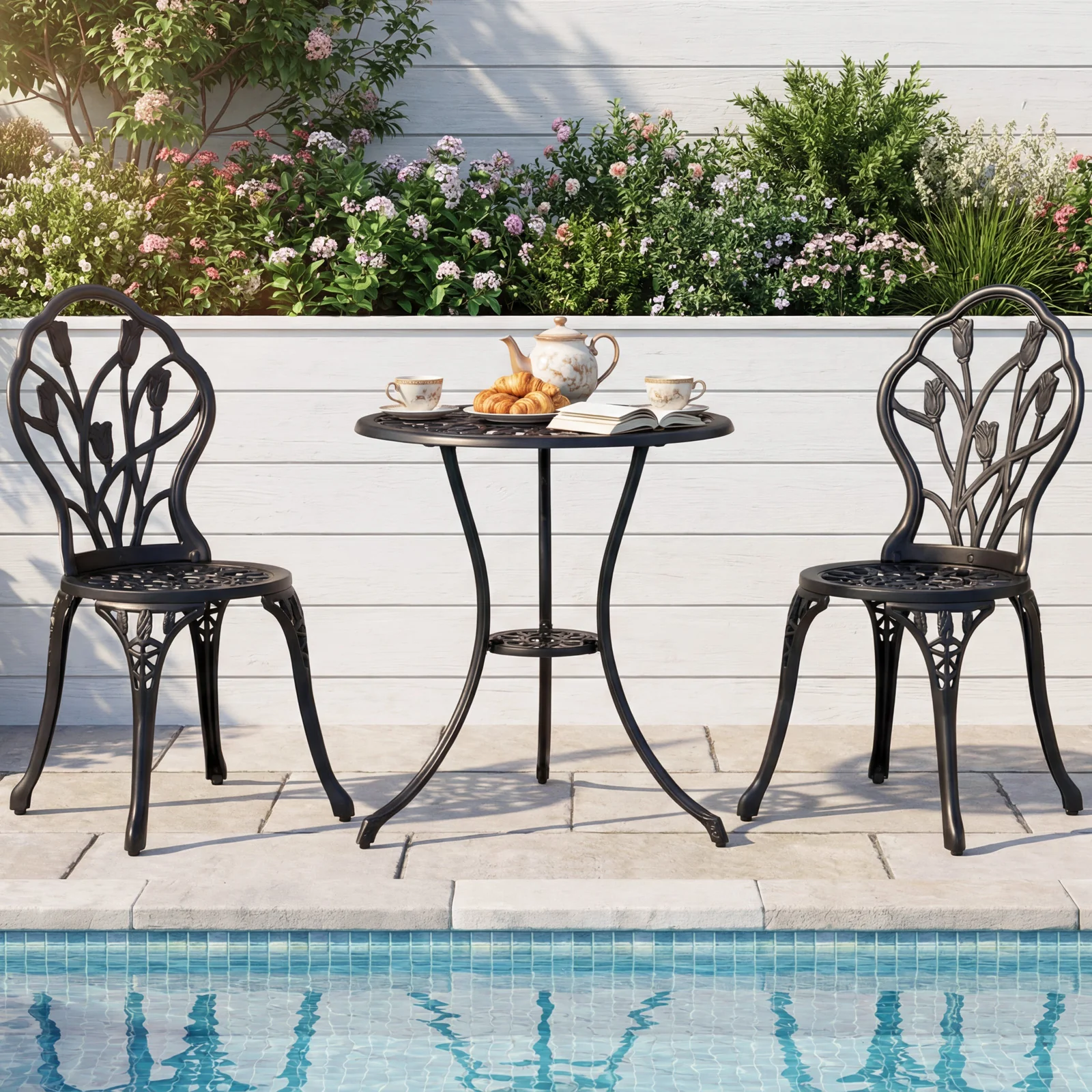 3-Piece Cast Aluminum Bistro Set Patio All-Weather Table and Chairs with Umbrella Hole-Black - Image 3
