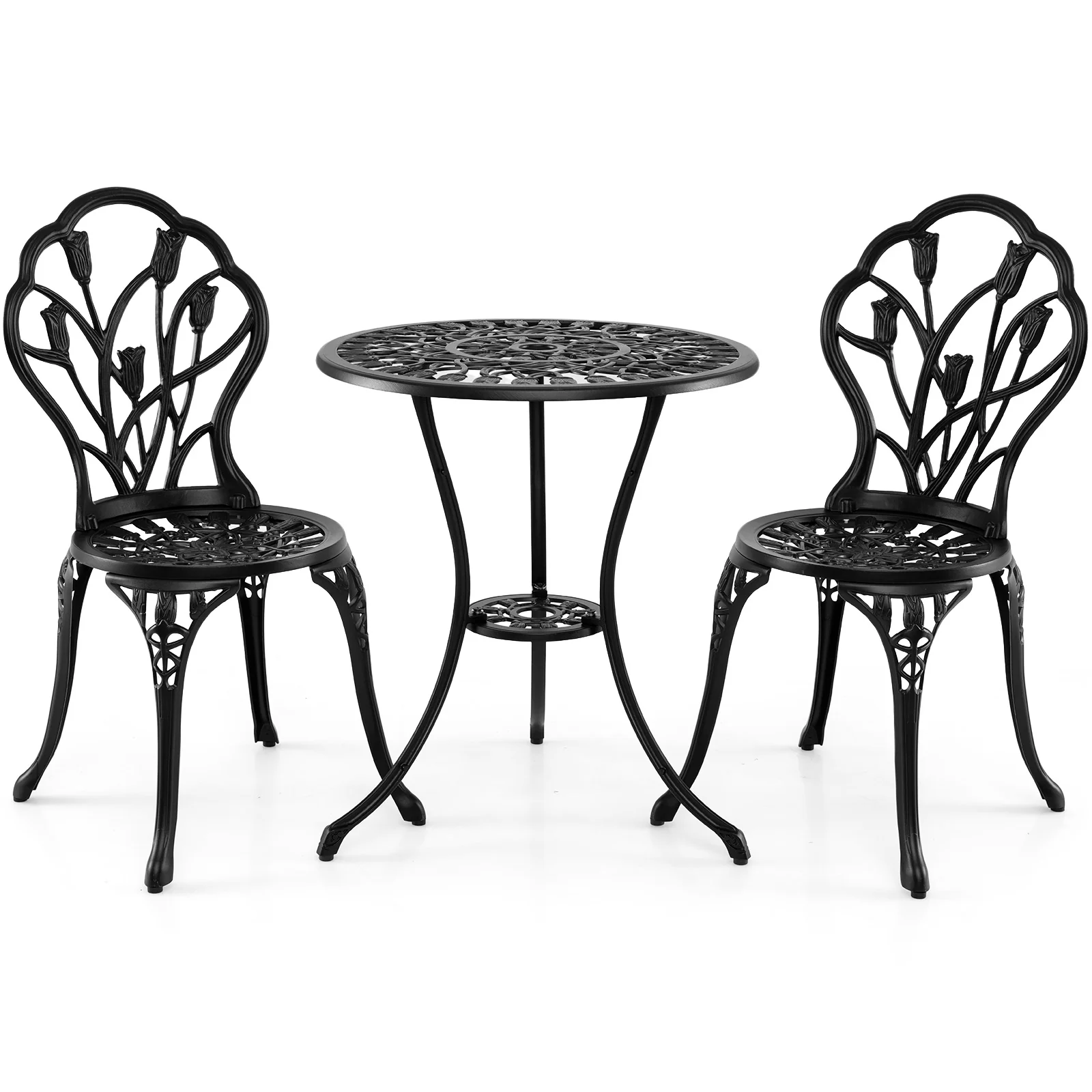 3-Piece Cast Aluminum Bistro Set Patio All-Weather Table and Chairs with Umbrella Hole-Black - Image 4