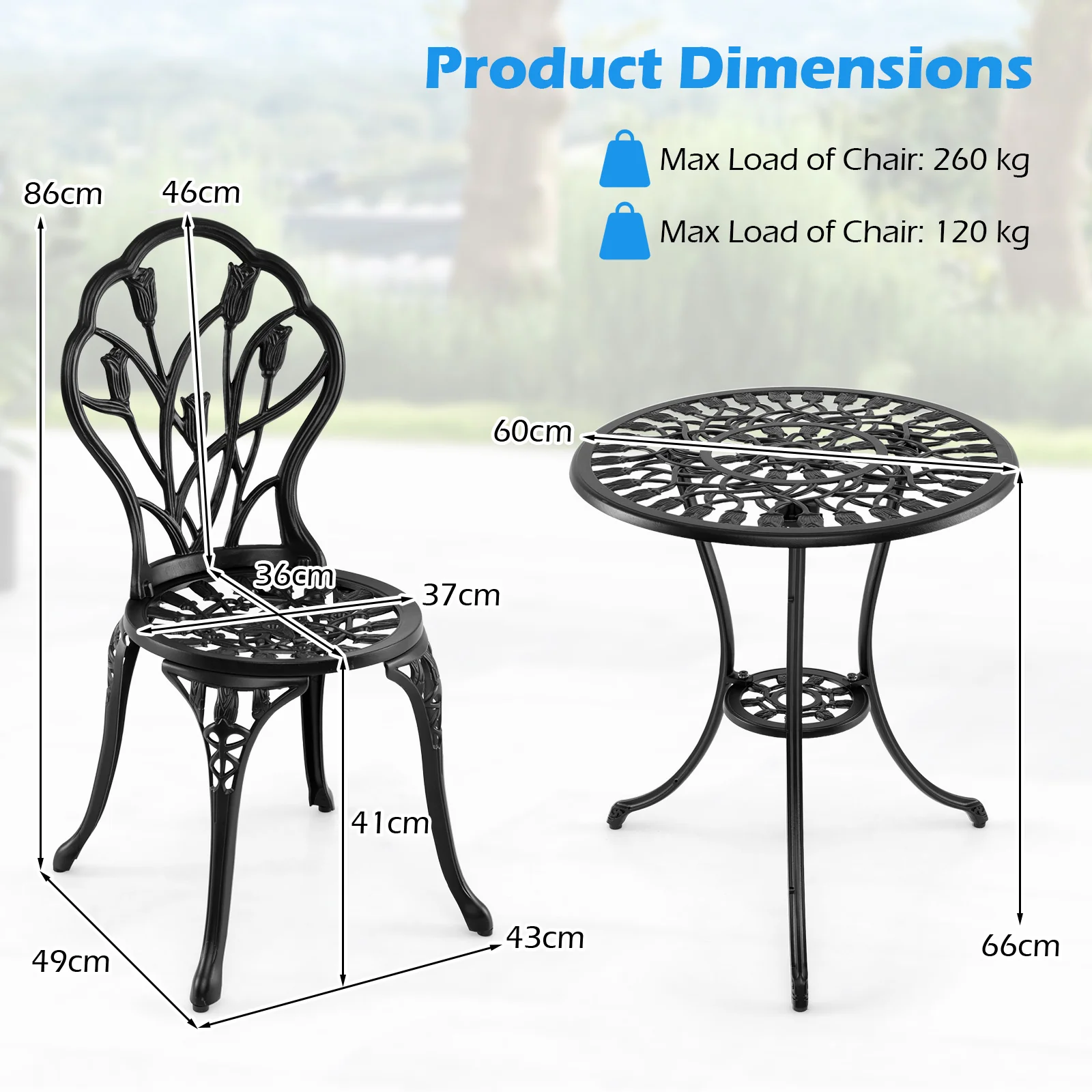 3-Piece Cast Aluminum Bistro Set Patio All-Weather Table and Chairs with Umbrella Hole-Black - Image 5