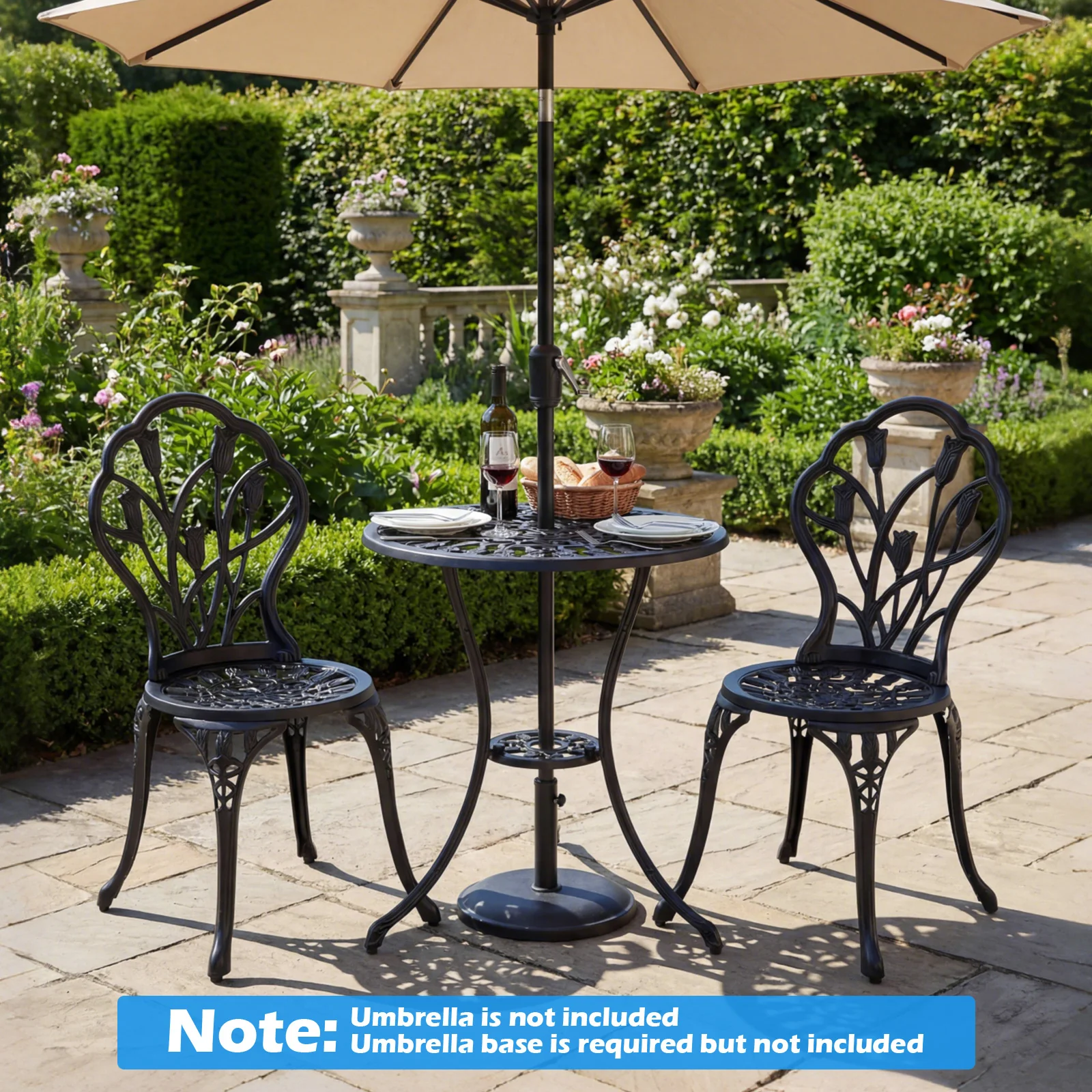 3-Piece Cast Aluminum Bistro Set Patio All-Weather Table and Chairs with Umbrella Hole-Black - Image 6