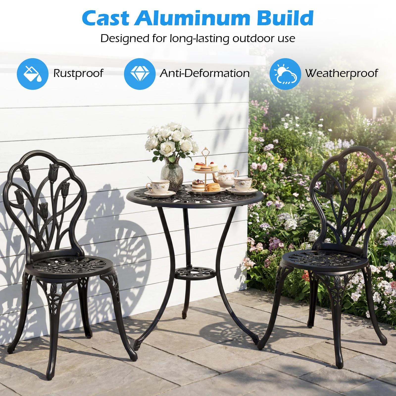 3-Piece Cast Aluminum Bistro Set Patio All-Weather Table and Chairs with Umbrella Hole-Black - Image 7