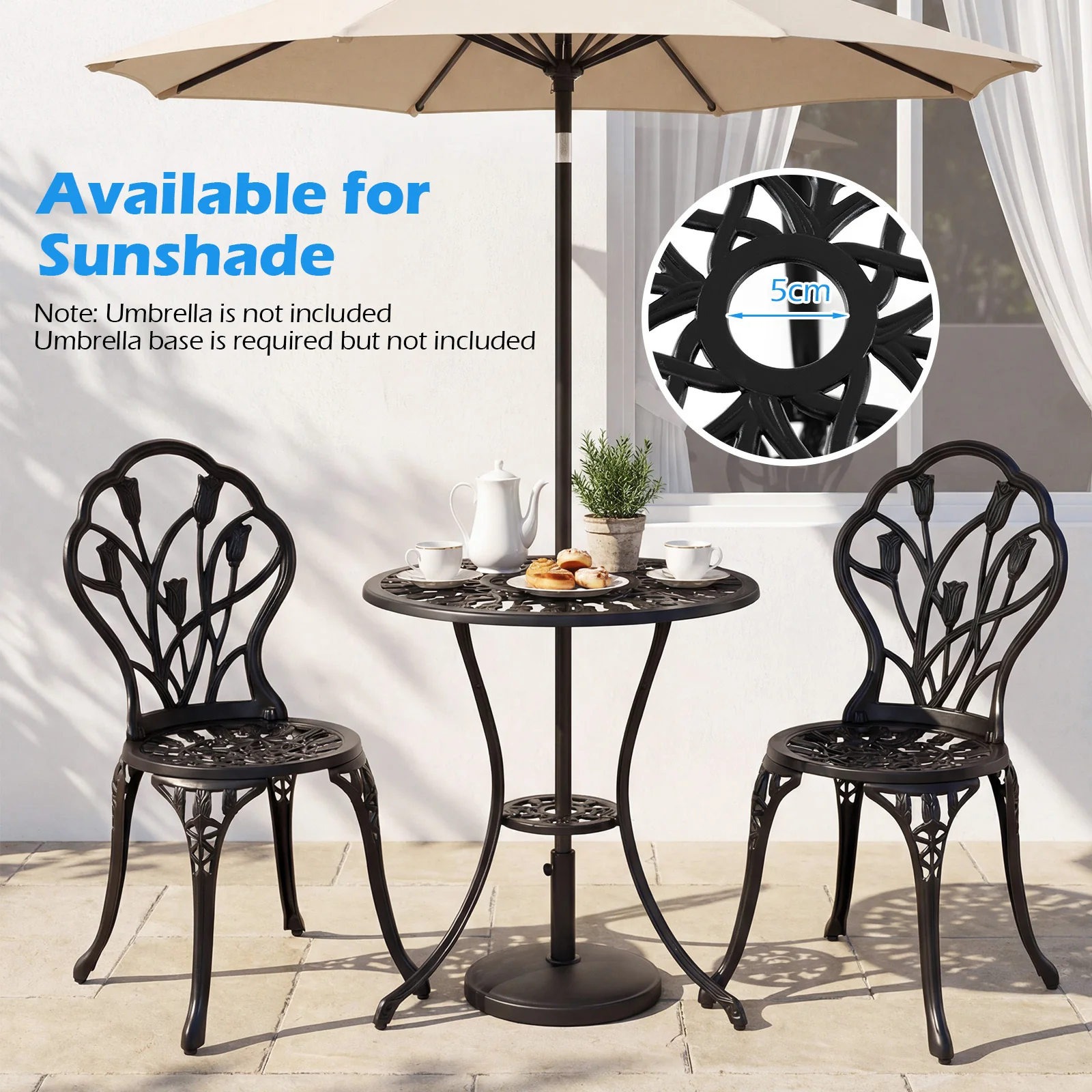 3-Piece Cast Aluminum Bistro Set Patio All-Weather Table and Chairs with Umbrella Hole-Black - Image 8