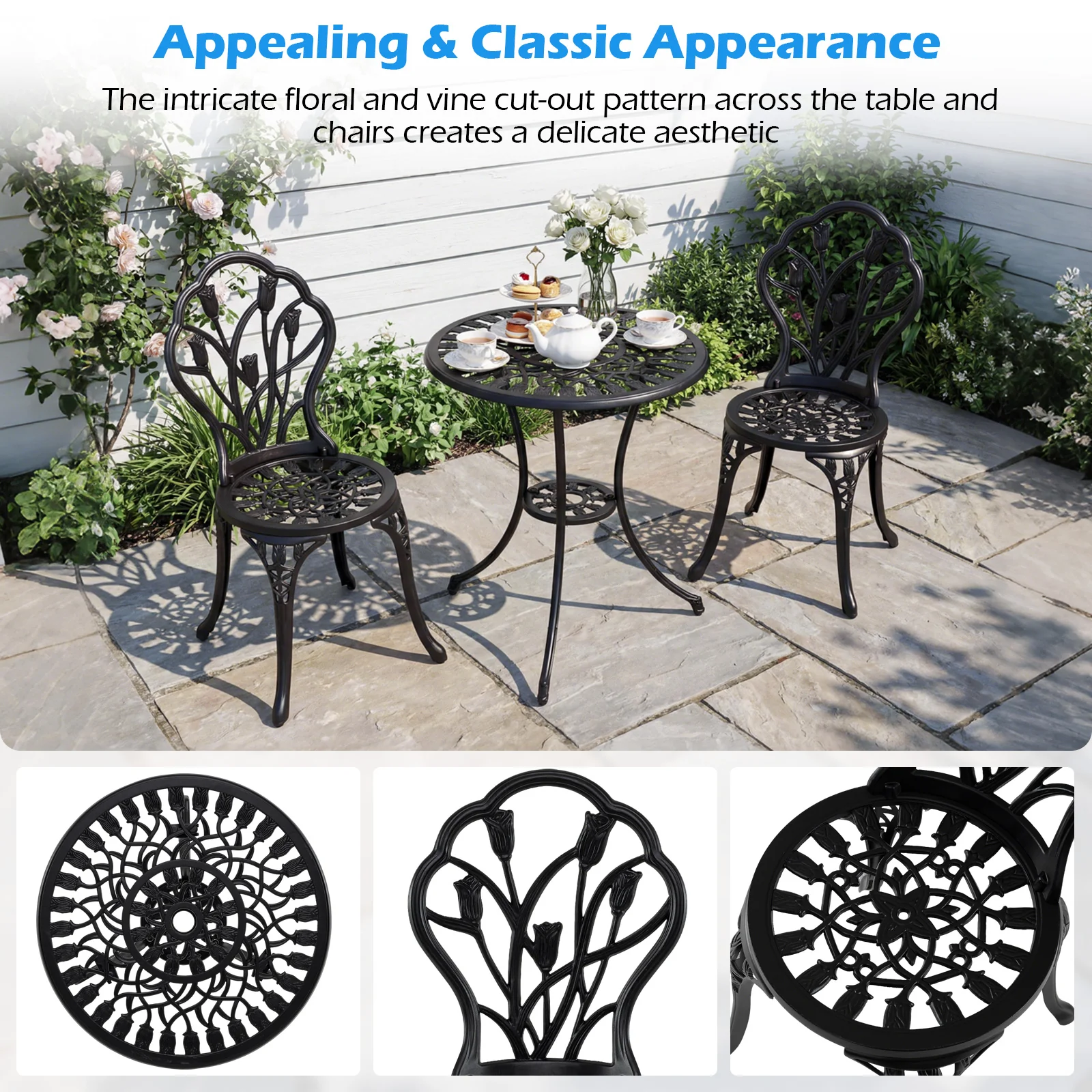 3-Piece Cast Aluminum Bistro Set Patio All-Weather Table and Chairs with Umbrella Hole-Black - Image 9