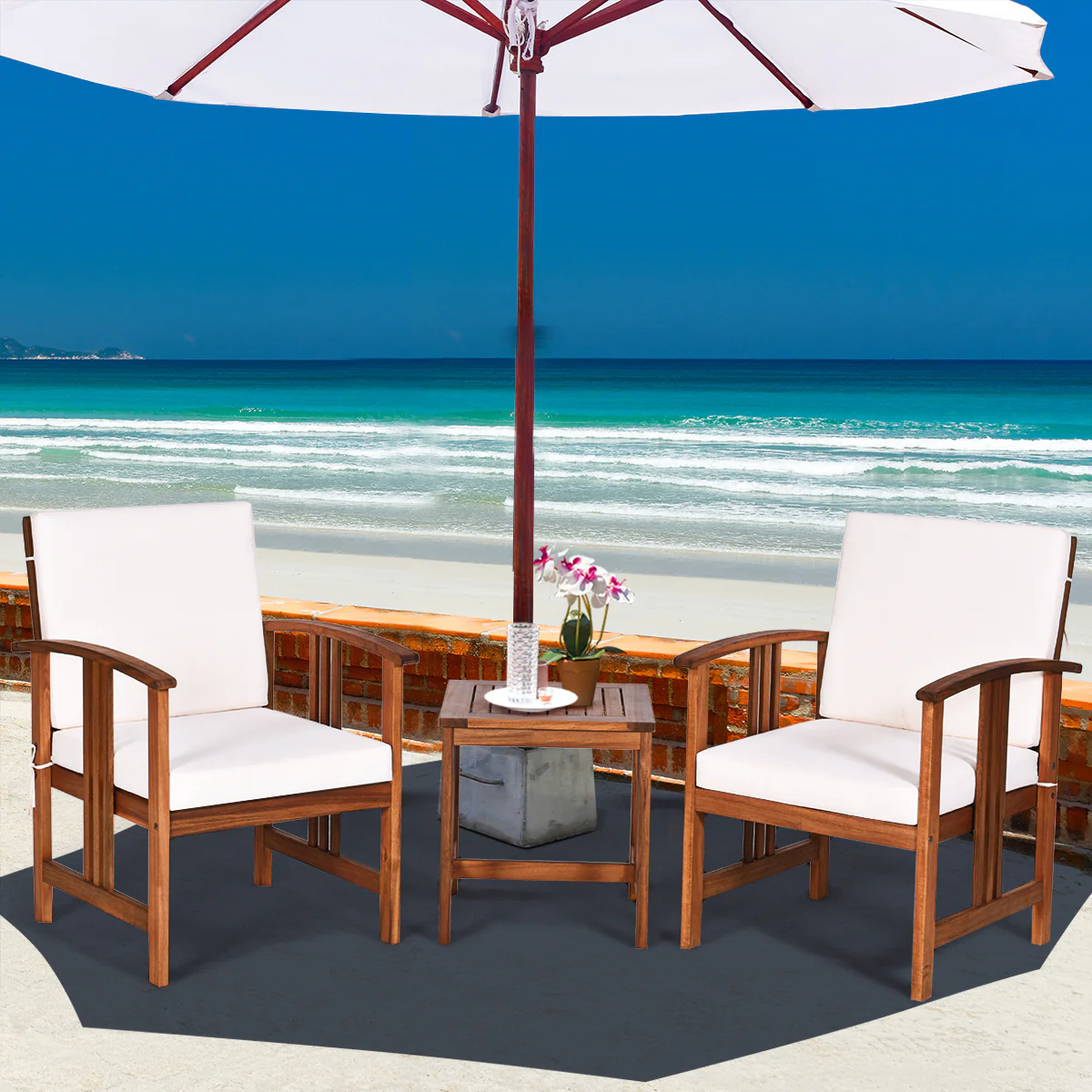 3-Piece Outdoor Acacia Wood Sofa Set With Cushions-White - Image 2