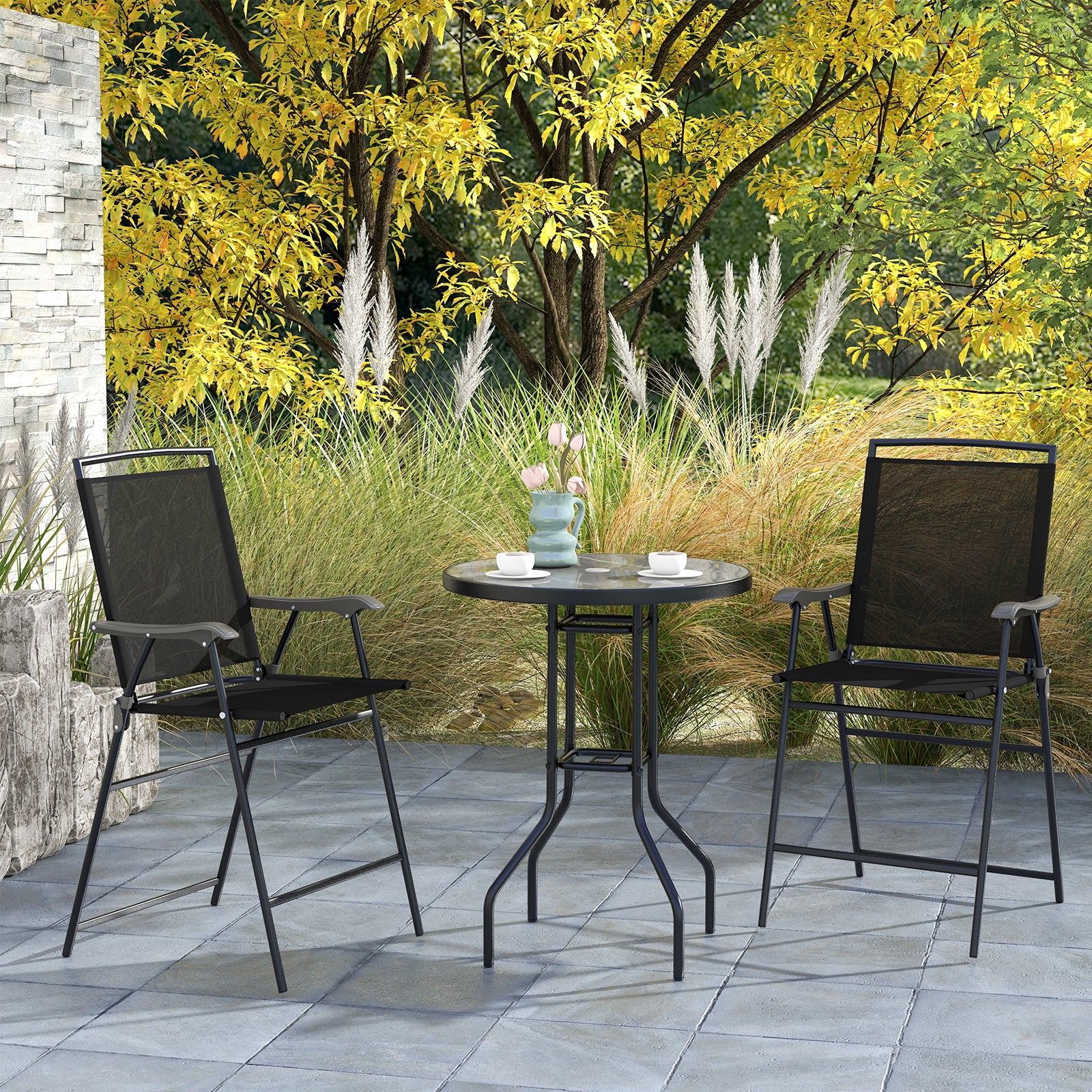3-Piece Outdoor Bar Stool Set with DPC Tabletop and Umbrella Hole and Footrest-Black - Image 2