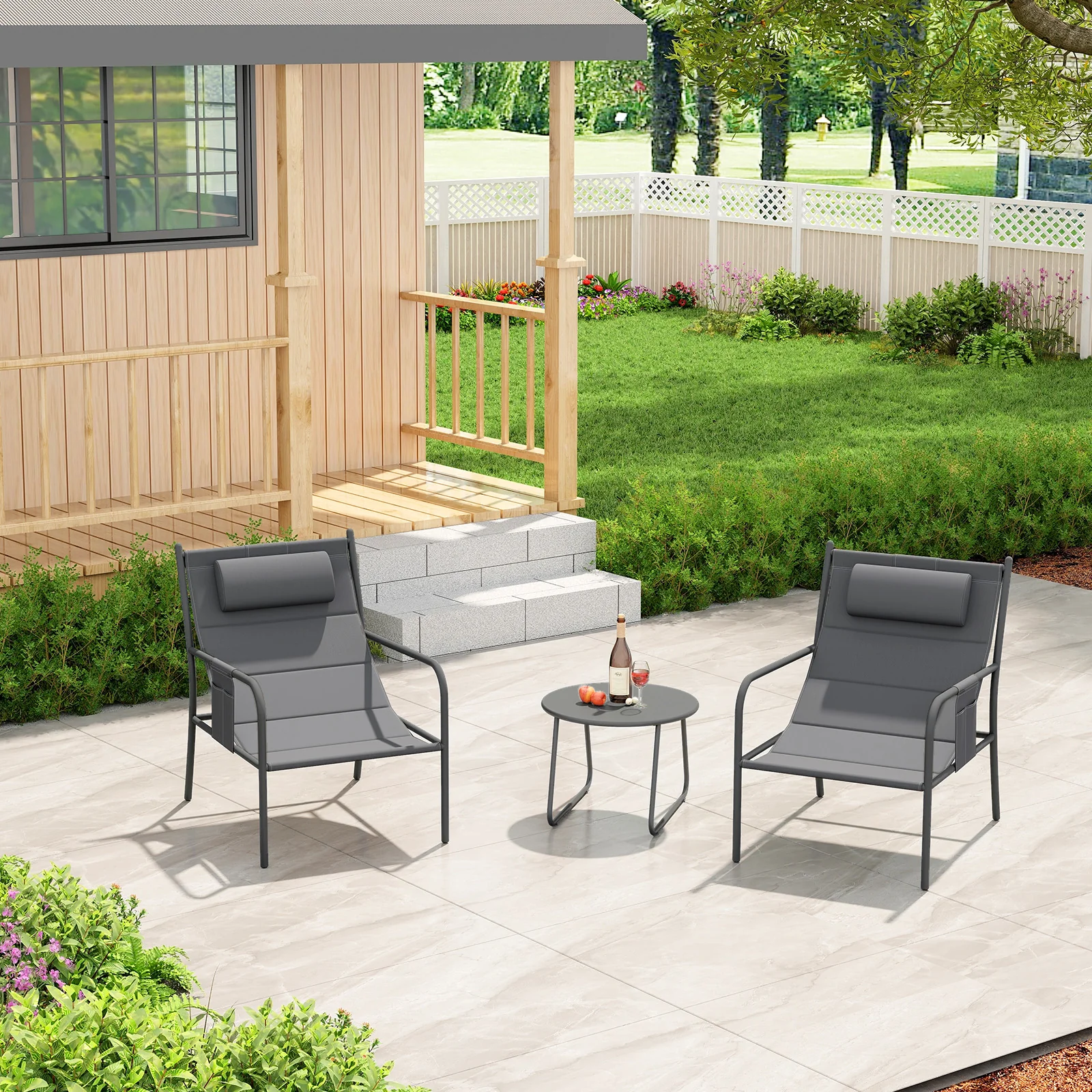 3 Piece Outdoor Bistro Set with Chair and Coffee Table Set-Grey - Image 3