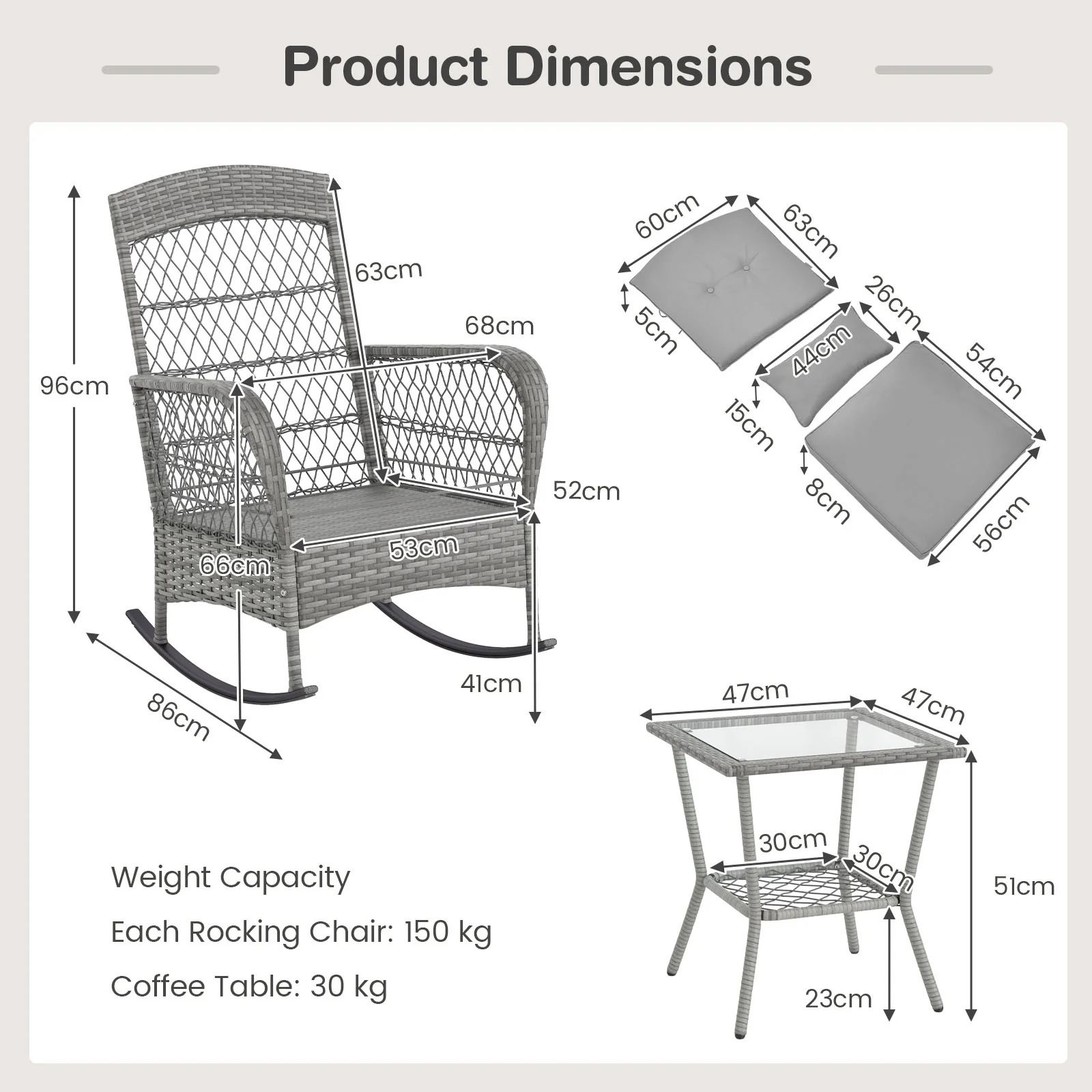 3 Piece Outdoor Rocking Chair Set with Cozy Cushions and Pillow-Grey - Image 5