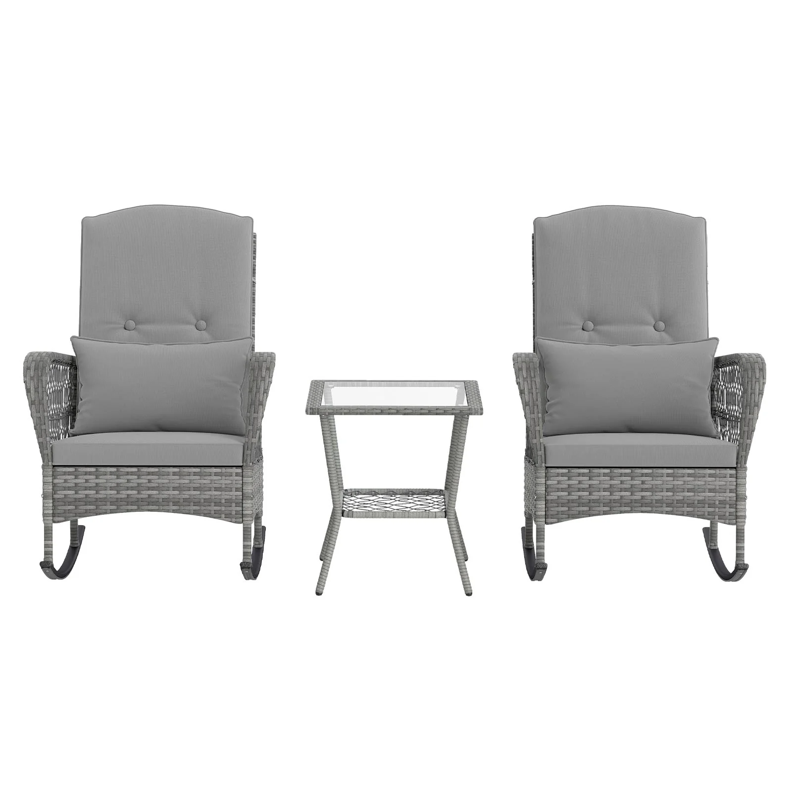 3 Piece Outdoor Rocking Chair Set with Cozy Cushions and Pillow-Grey - Image 6