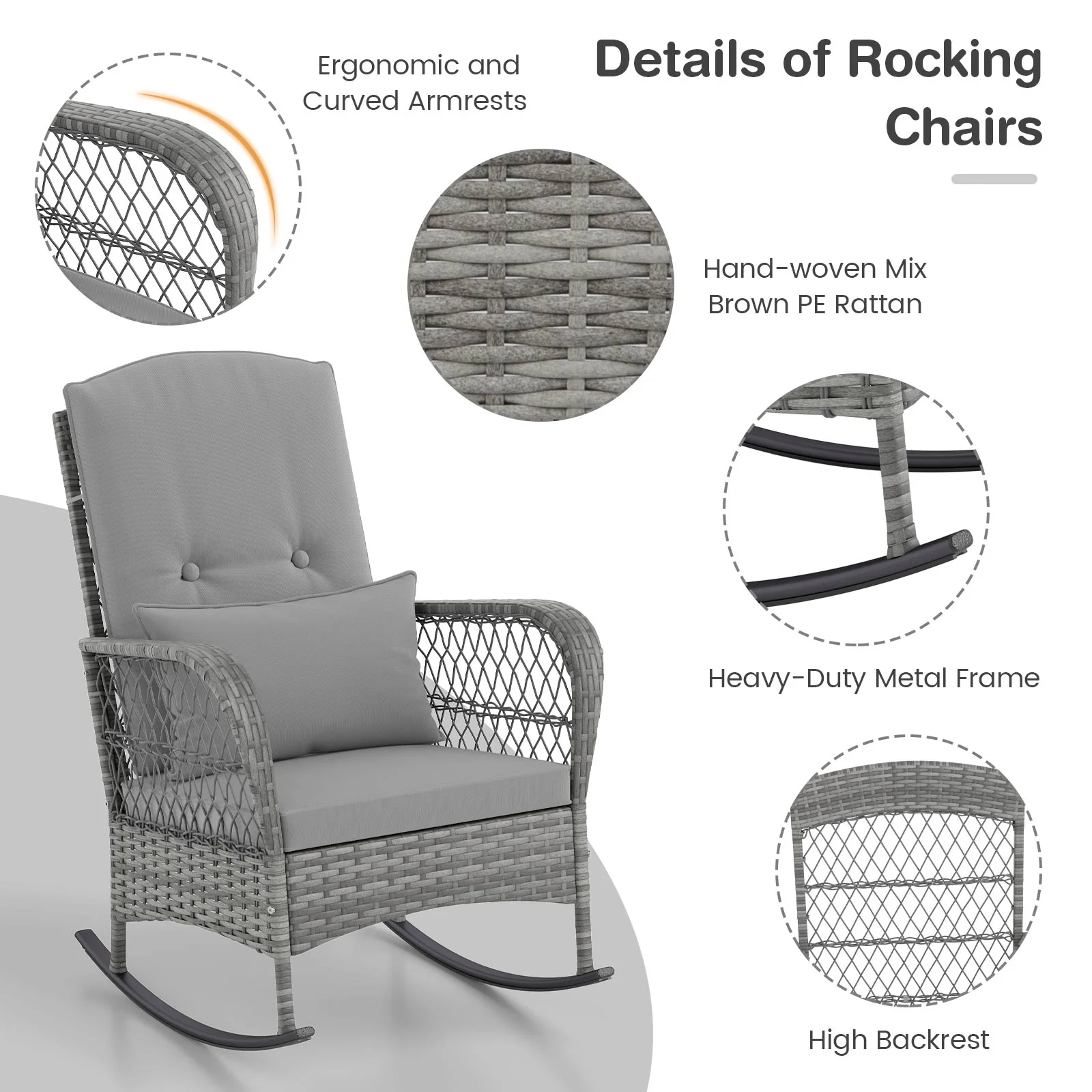 3 Piece Outdoor Rocking Chair Set with Cozy Cushions and Pillow-Grey - Image 8