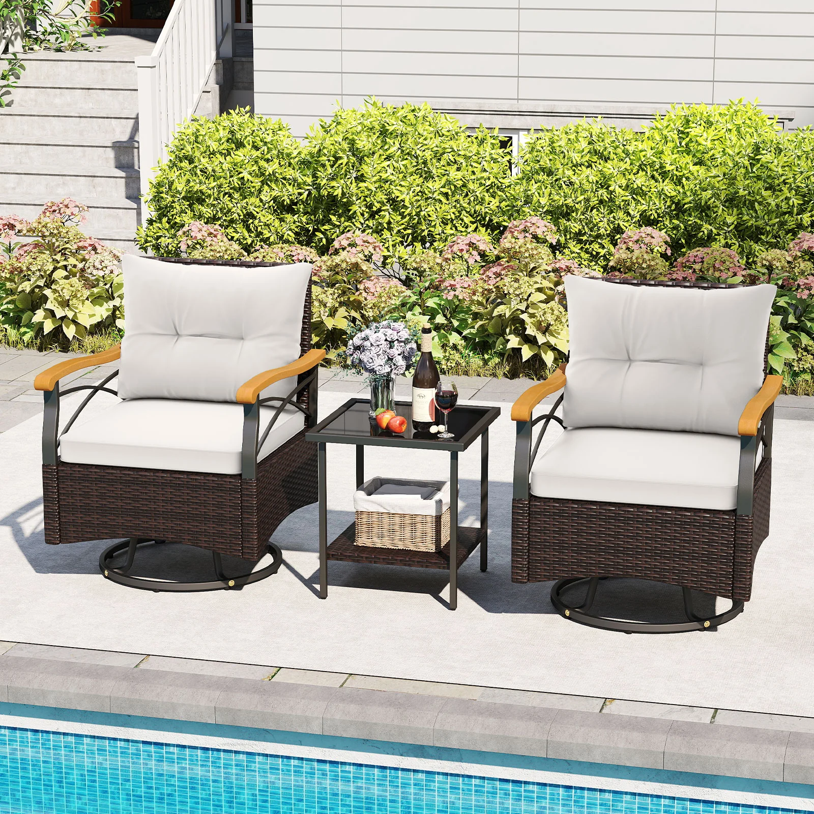 3 Piece Outdoor Swivel Chair Set Patio Wicker Rotating Chairs with Table-White - Image 2