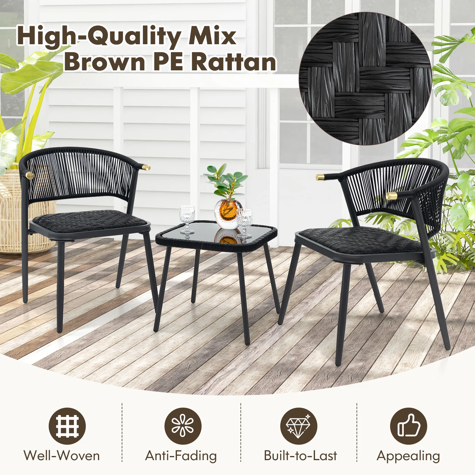 3 Piece Outdoor Wicker Furniture Set with Tempered Glass Coffee Table-Black - Image 7