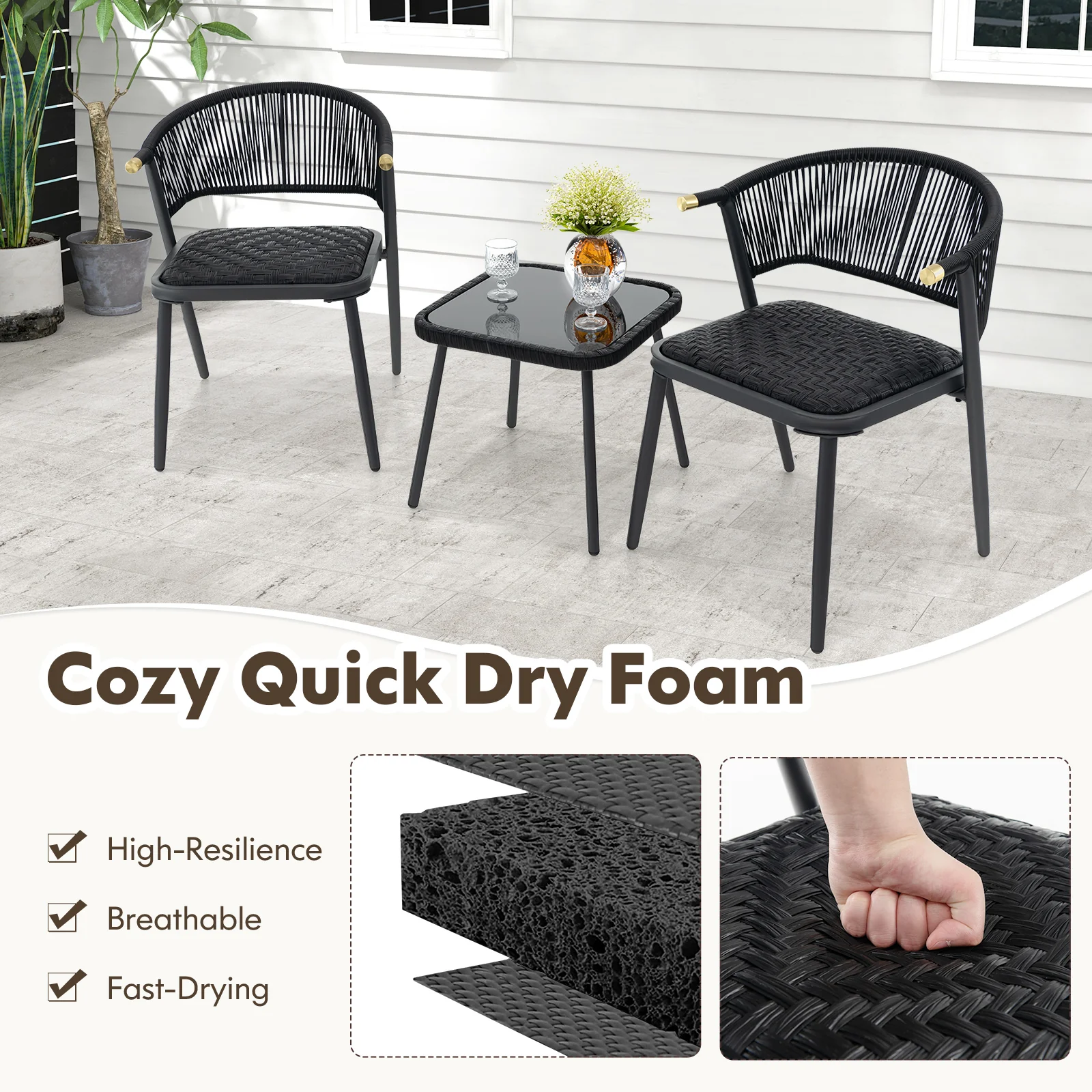 3 Piece Outdoor Wicker Furniture Set with Tempered Glass Coffee Table-Black - Image 8