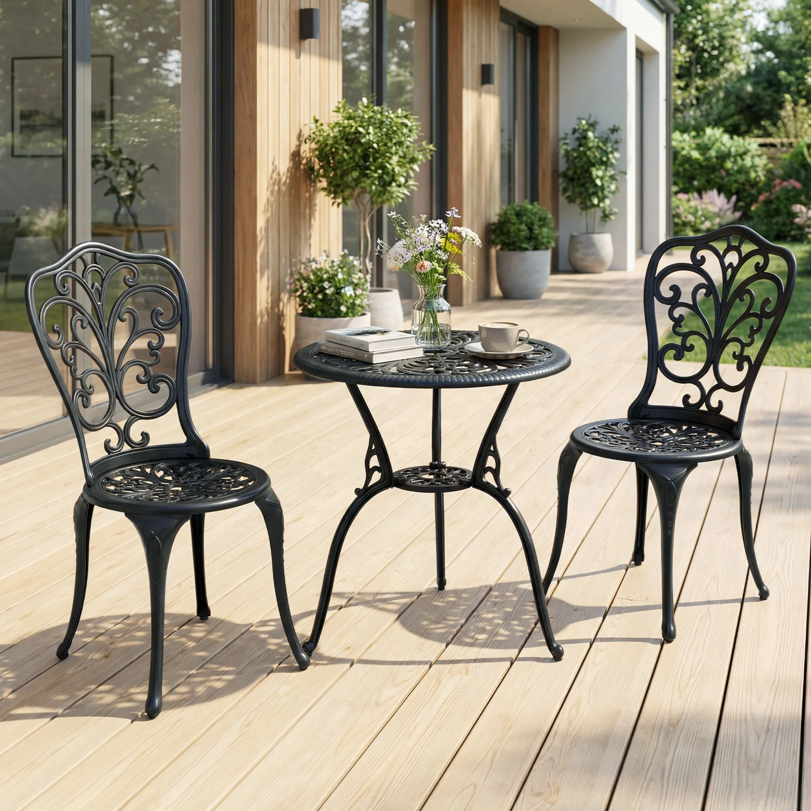 3-Piece Patio Bistro Set All Weather Cast Aluminum Table and Chairs with Umbrella Hole and Butterfly Backrests-Black - Image 2