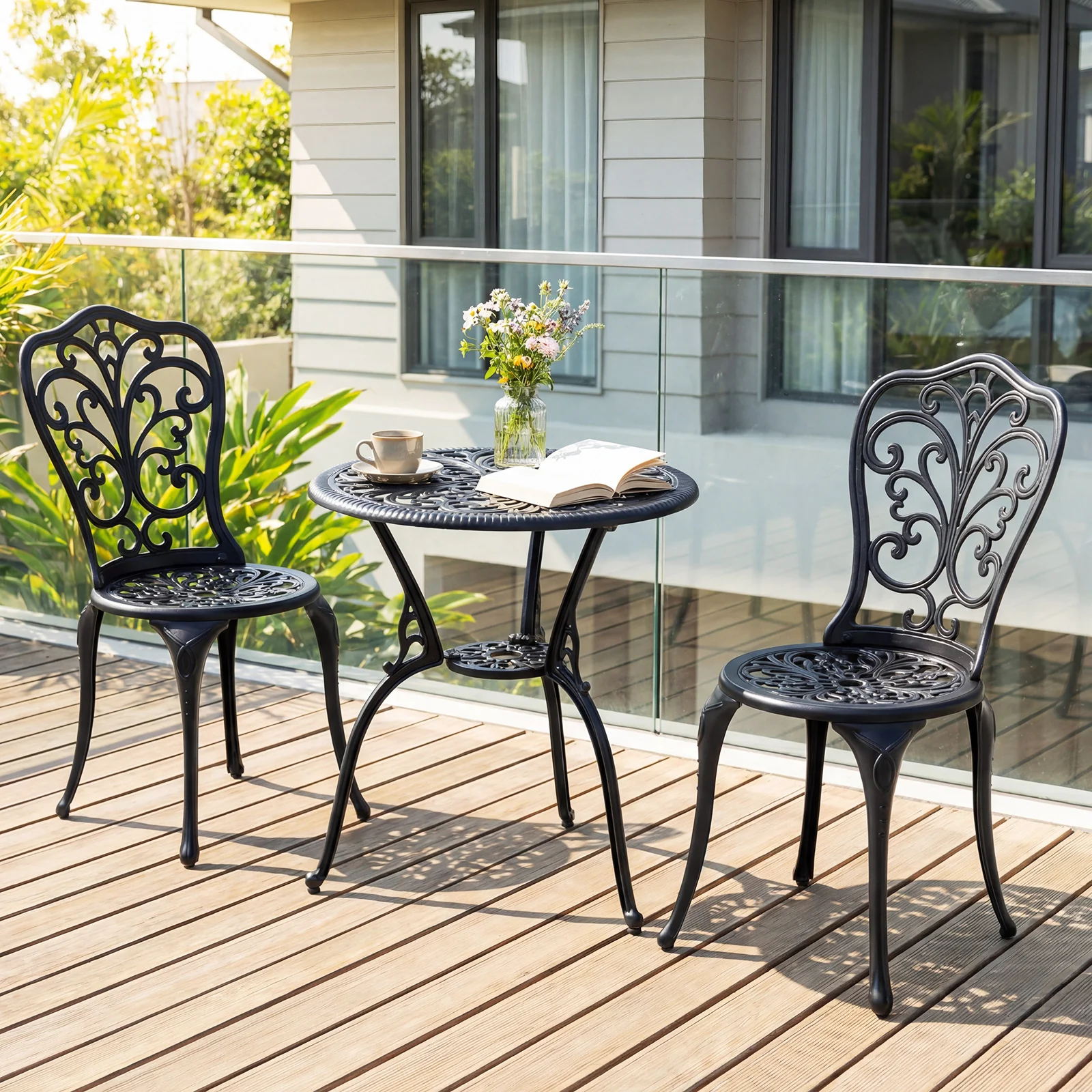3-Piece Patio Bistro Set All Weather Cast Aluminum Table and Chairs with Umbrella Hole and Butterfly Backrests-Black - Image 3
